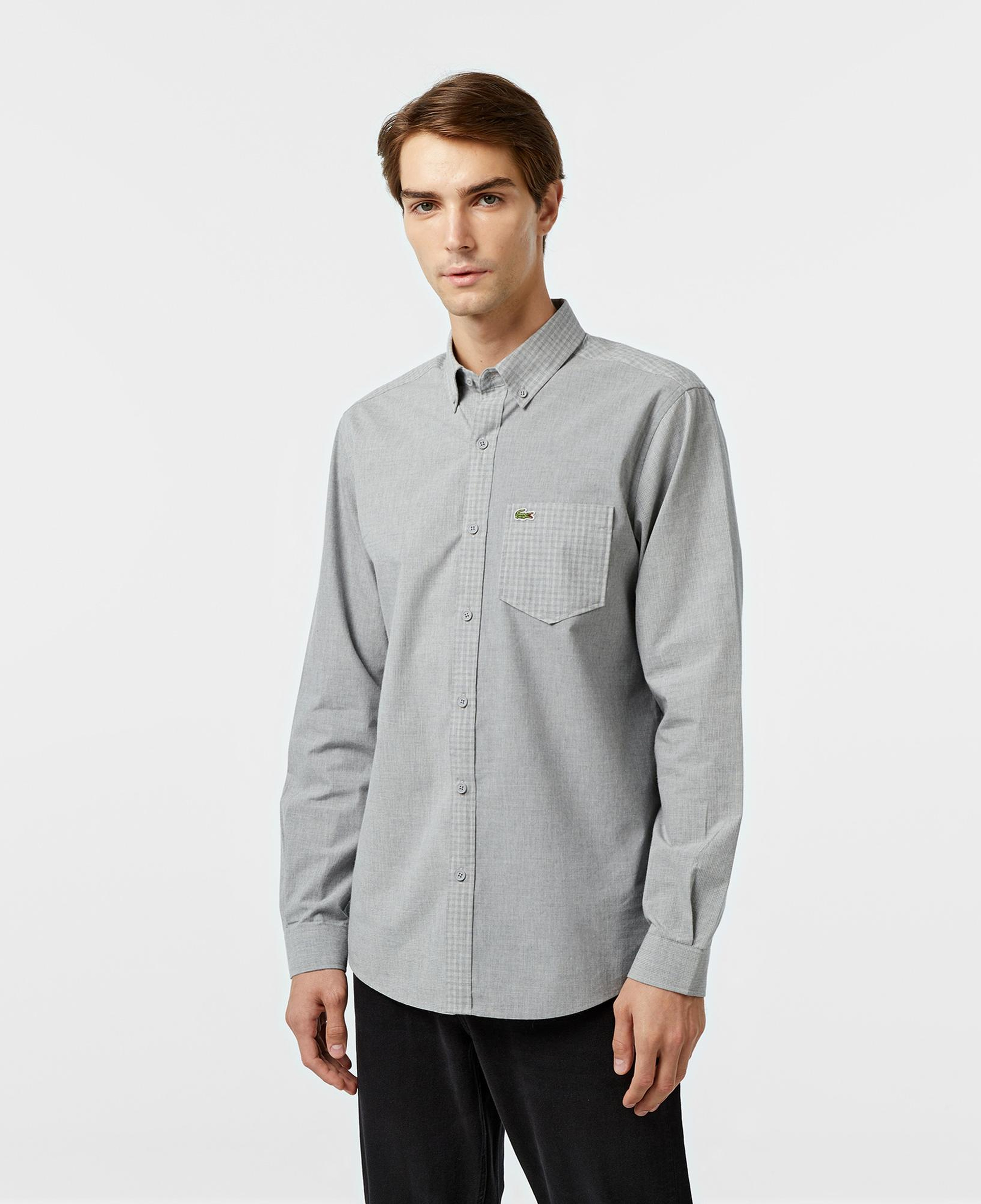 Lacoste Erkek Relaxed Fit Düğmeli Yaka Ekose Gri Gömlek