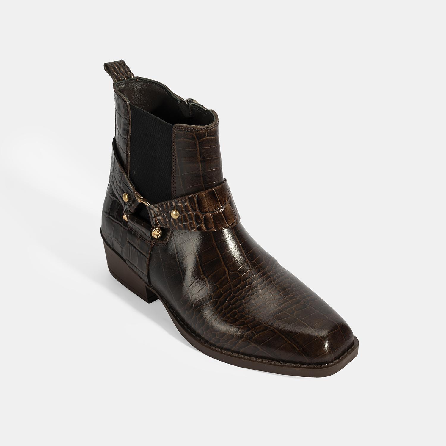 Kadın Kahve Kroko Baskılı Lastik Detaylı Deri Bot