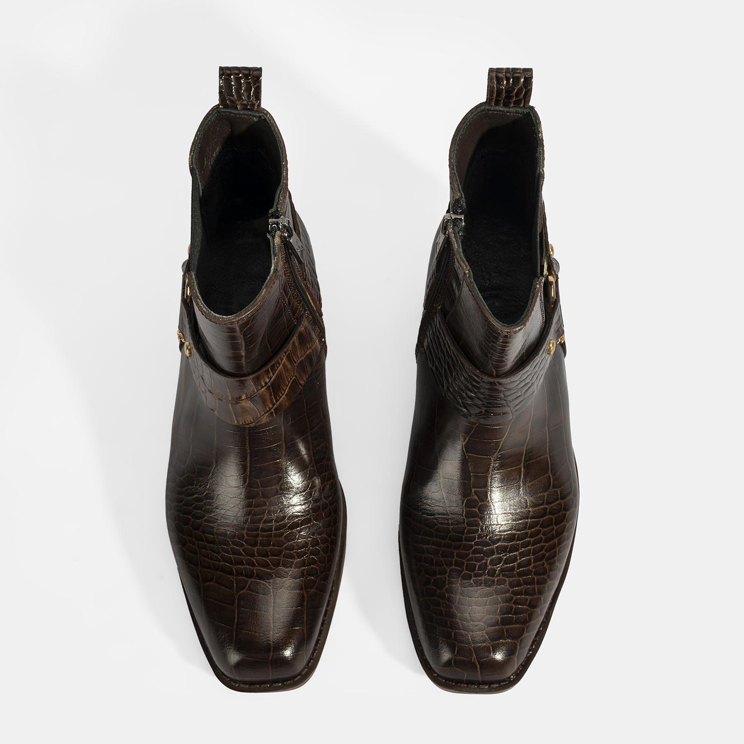 Kadın Kahve Kroko Baskılı Lastik Detaylı Deri Bot