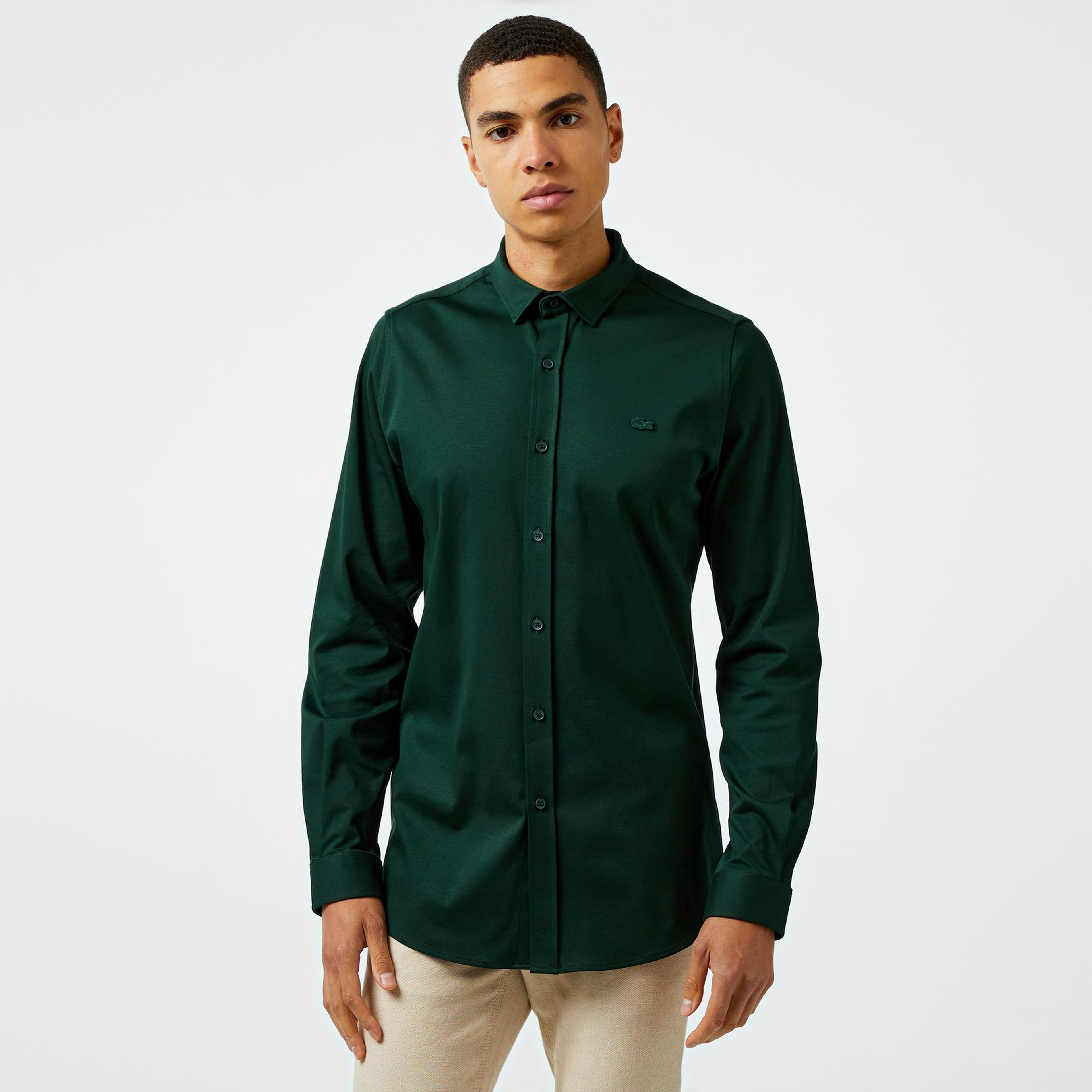 Erkek Slim Fit Koyu Yeşil Gömlek