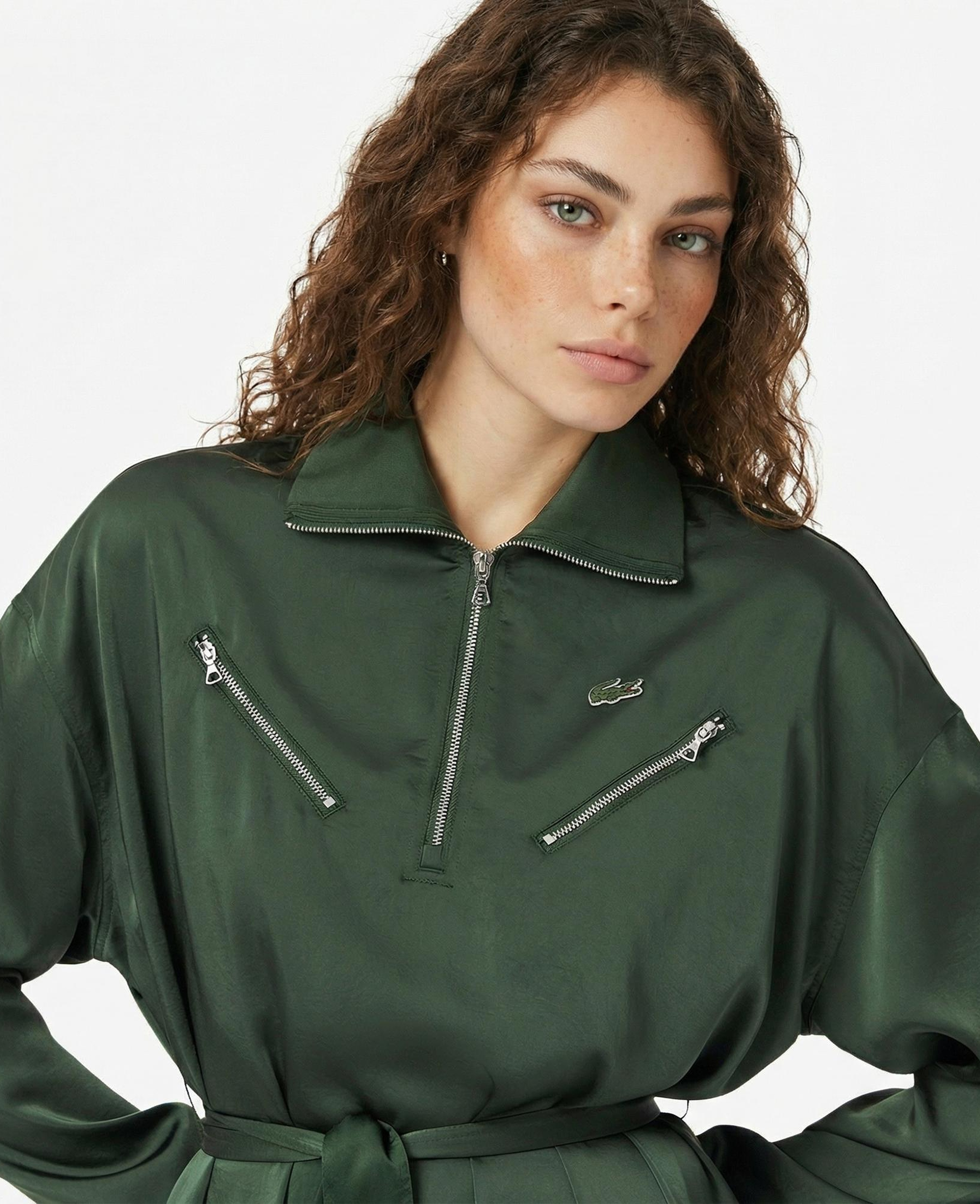 Lacoste Kadın Relaxed Fit Uzun Kollu Yarım Fermuarlı Koyu Yeşil Elbise