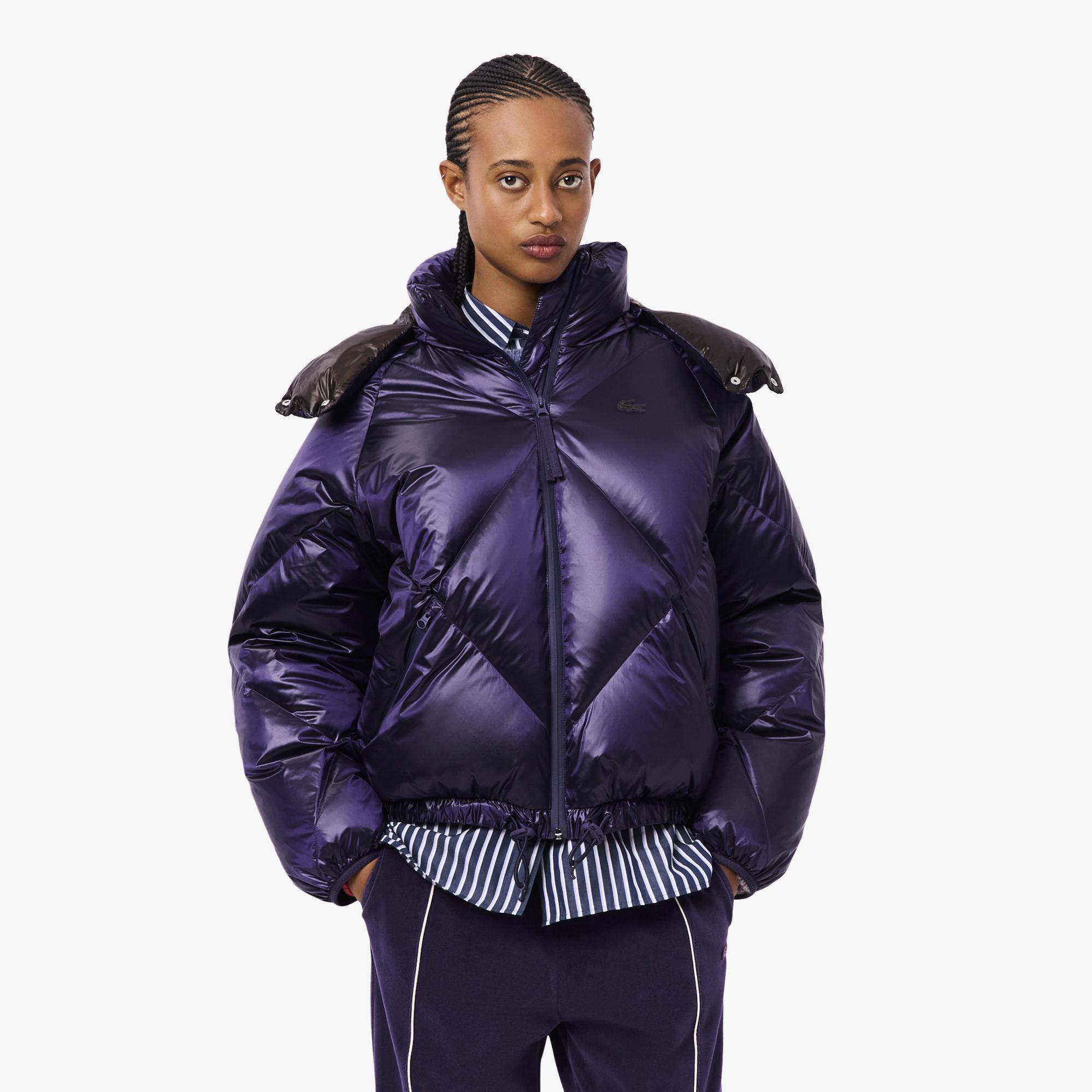 Lacoste Kadın Oversize Fit Kapüşonlu Kapitone Mor Mont