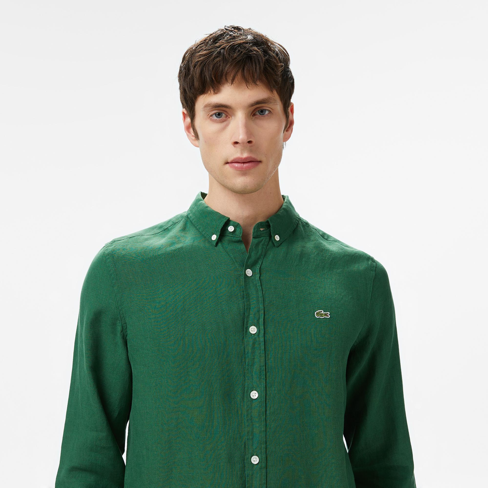 Lacoste Erkek Regular Fit Düğmeli Yaka Keten Koyu Yeşil Gömlek