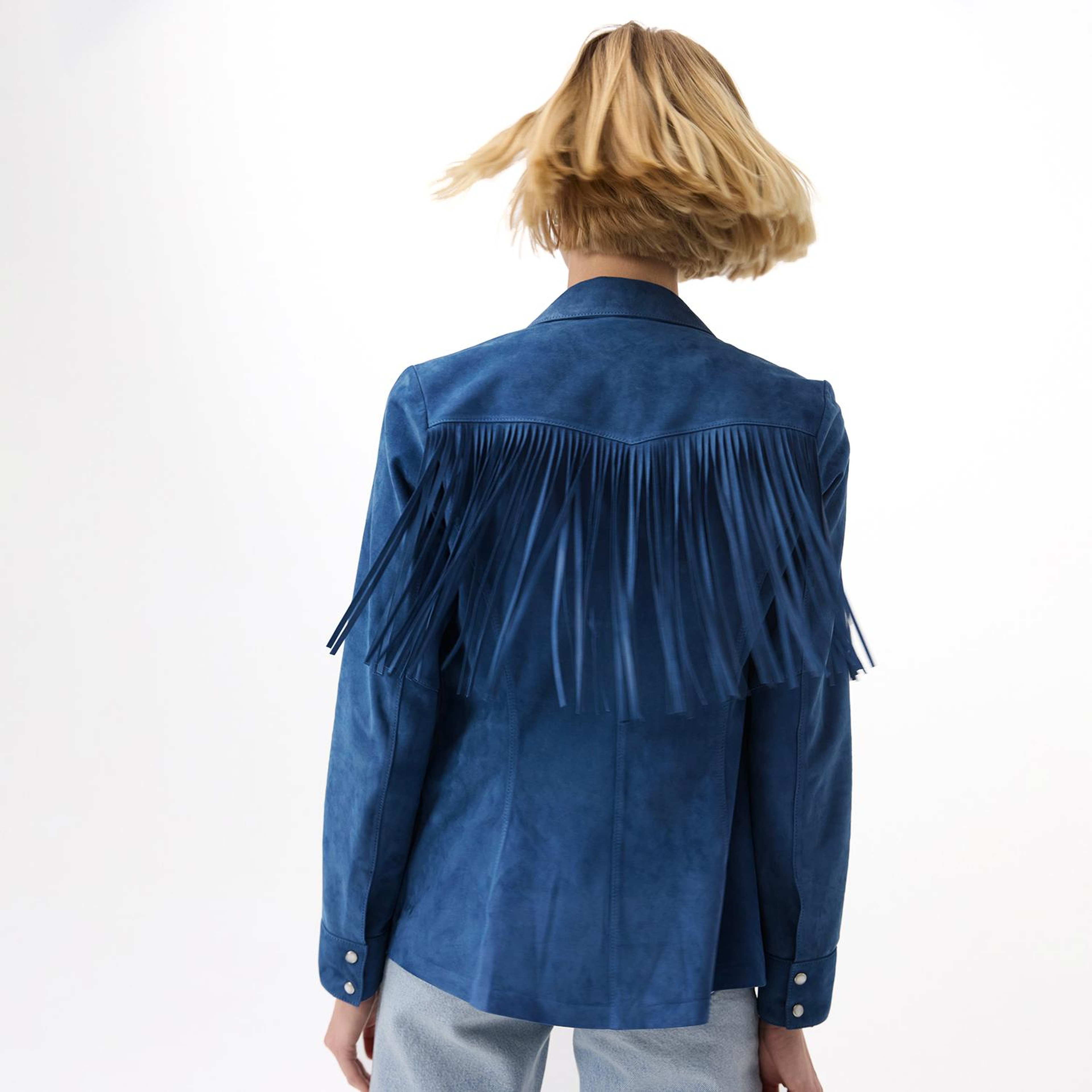 Breahne Mavi Kadın Püsküllü Western Süet Deri Gömlek