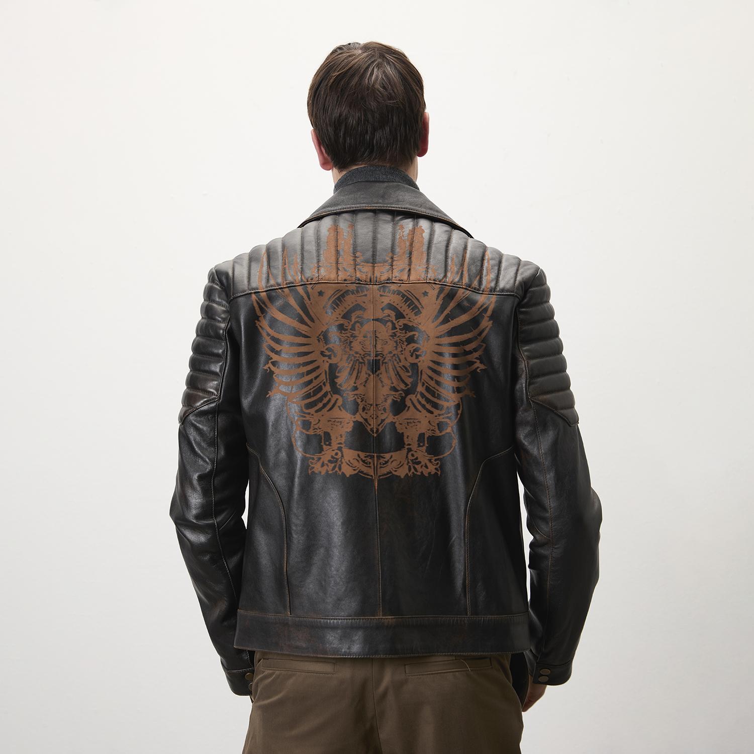 Bill Kahve Erkek Kartallı Vintage Biker Deri Mont