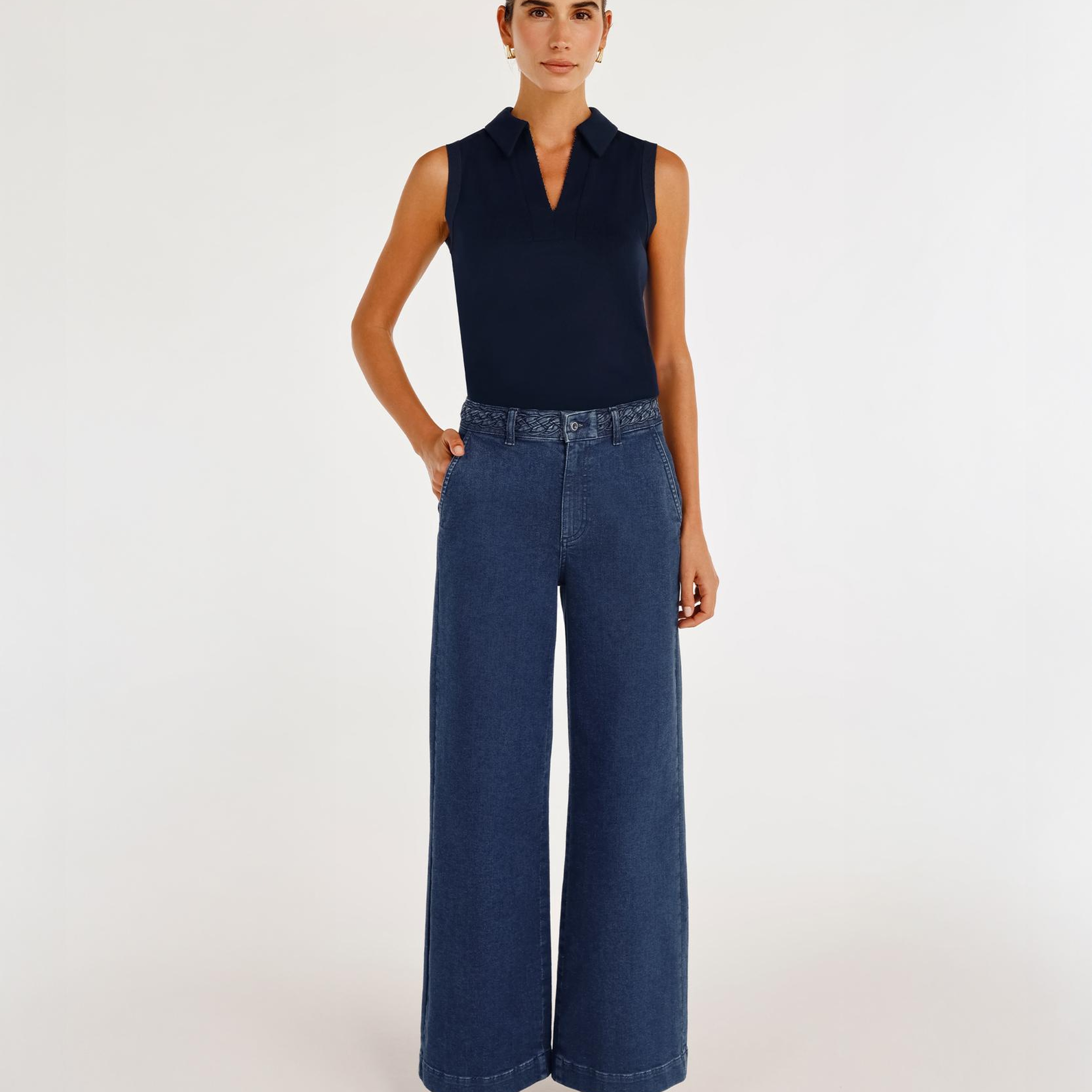 YARGICI Örgü Kemer Detaylı Yüksek Bel Geniş Paça Denim Pantolon