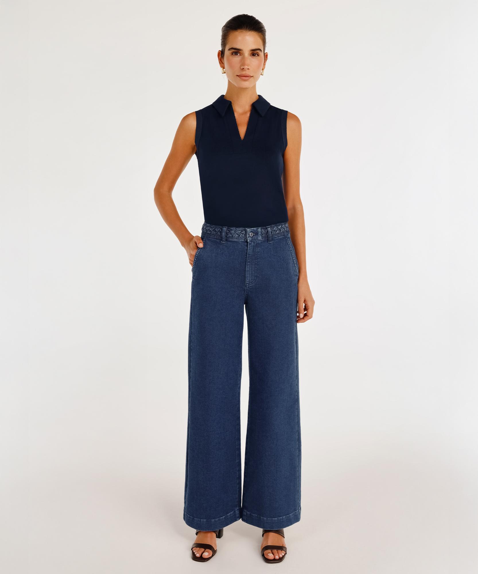 YARGICI Örgü Kemer Detaylı Yüksek Bel Geniş Paça Denim Pantolon