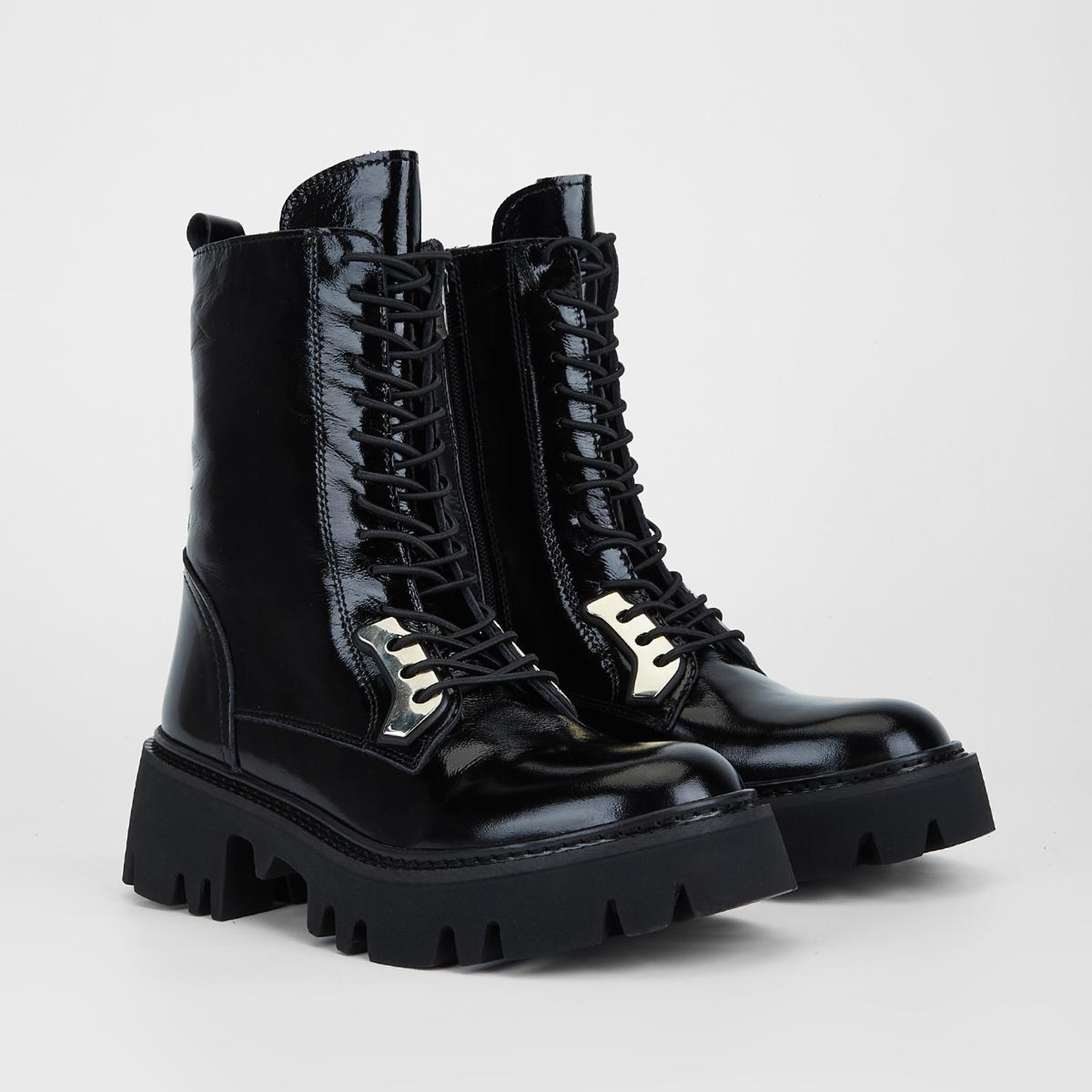 Valmenti Kadın Hakiki Deri Siyah Kırışık Rugan Düz Bot