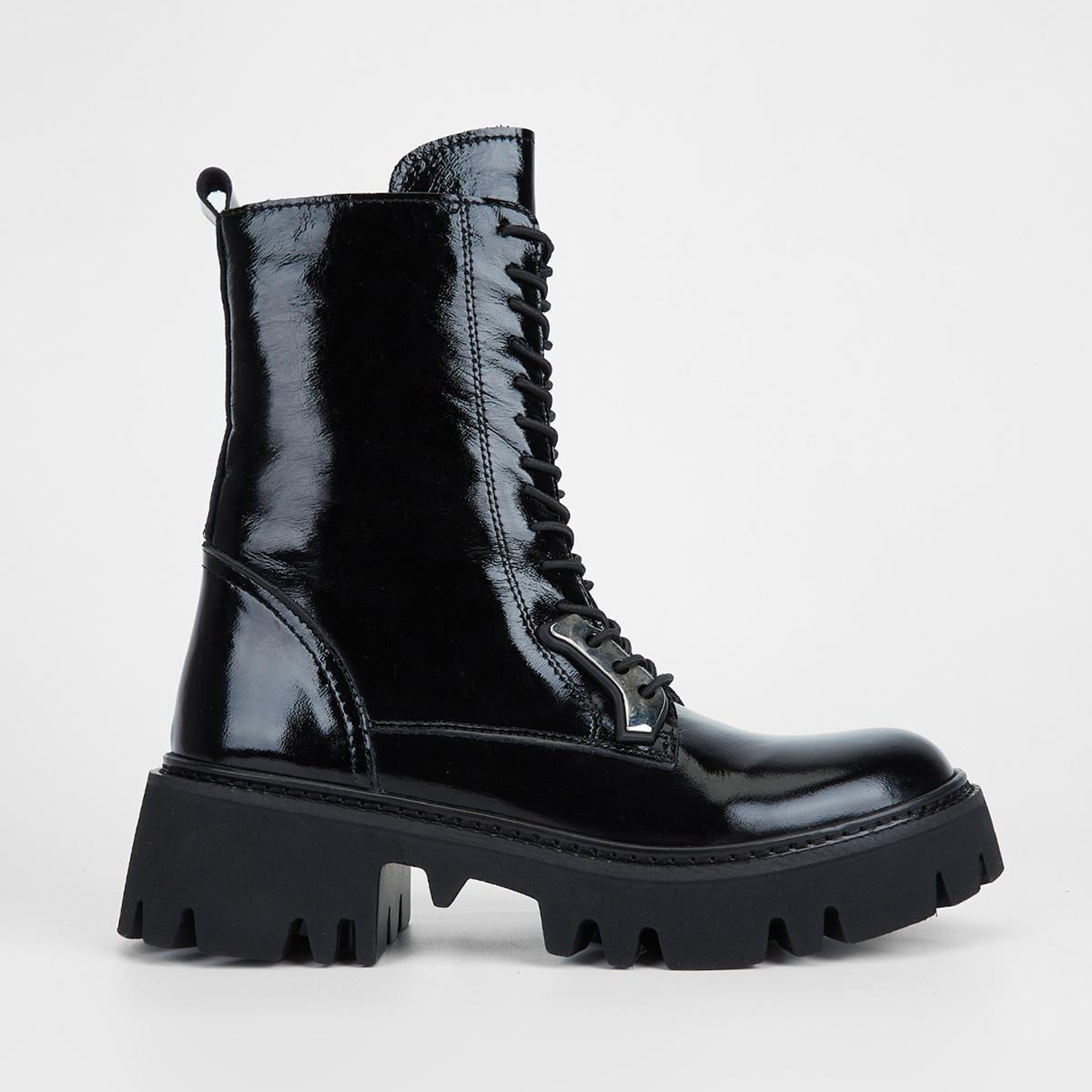 Valmenti Kadın Hakiki Deri Siyah Kırışık Rugan Düz Bot