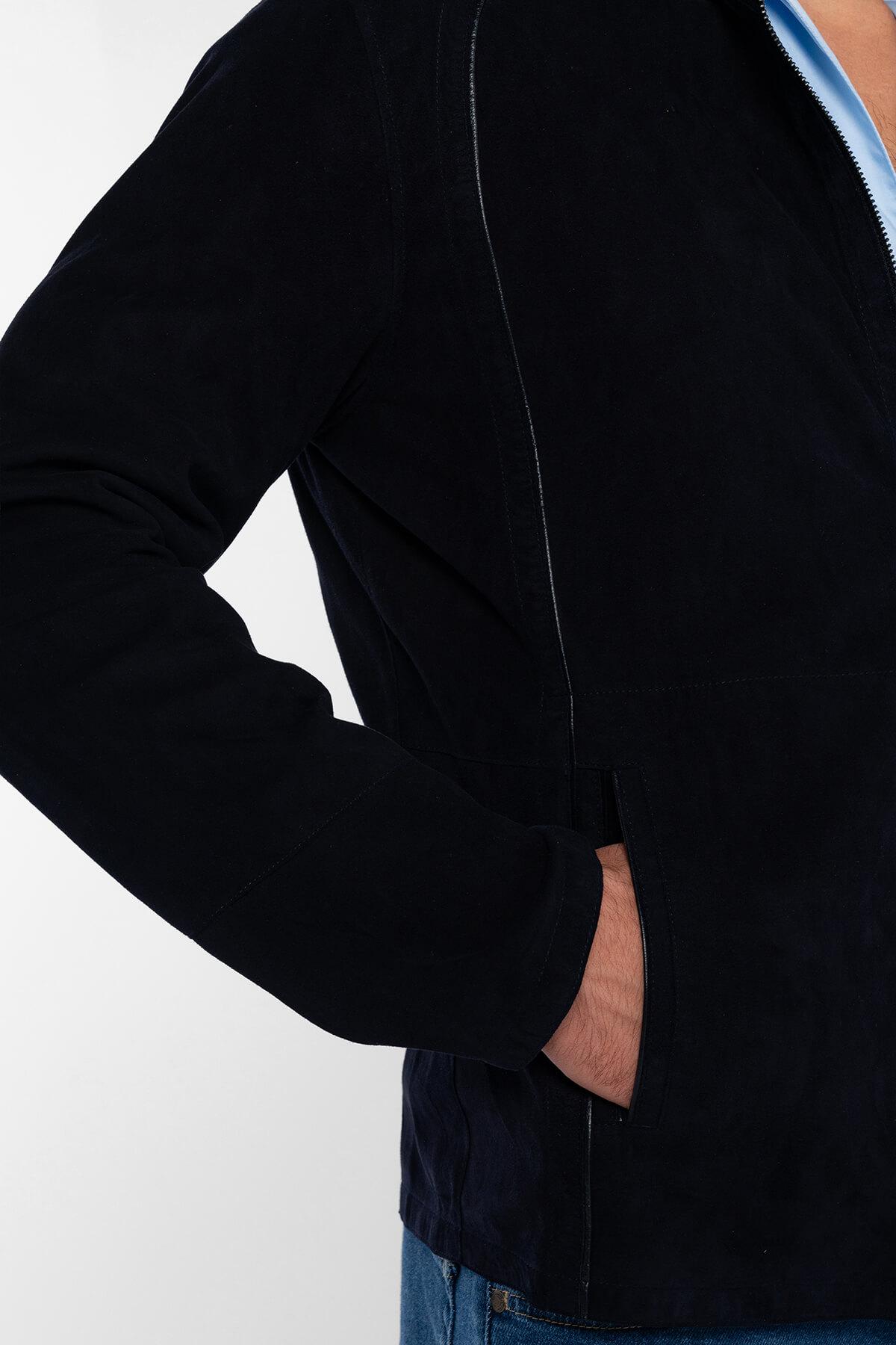 Tamer Tanca Erkek Hakiki Deri Lacivert Süet Çift Taraflı Deri Mont