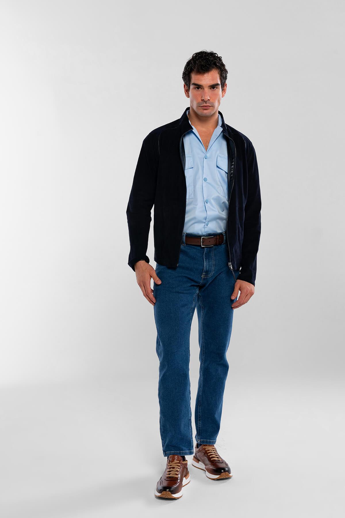 Tamer Tanca Erkek Hakiki Deri Lacivert Süet Çift Taraflı Deri Mont