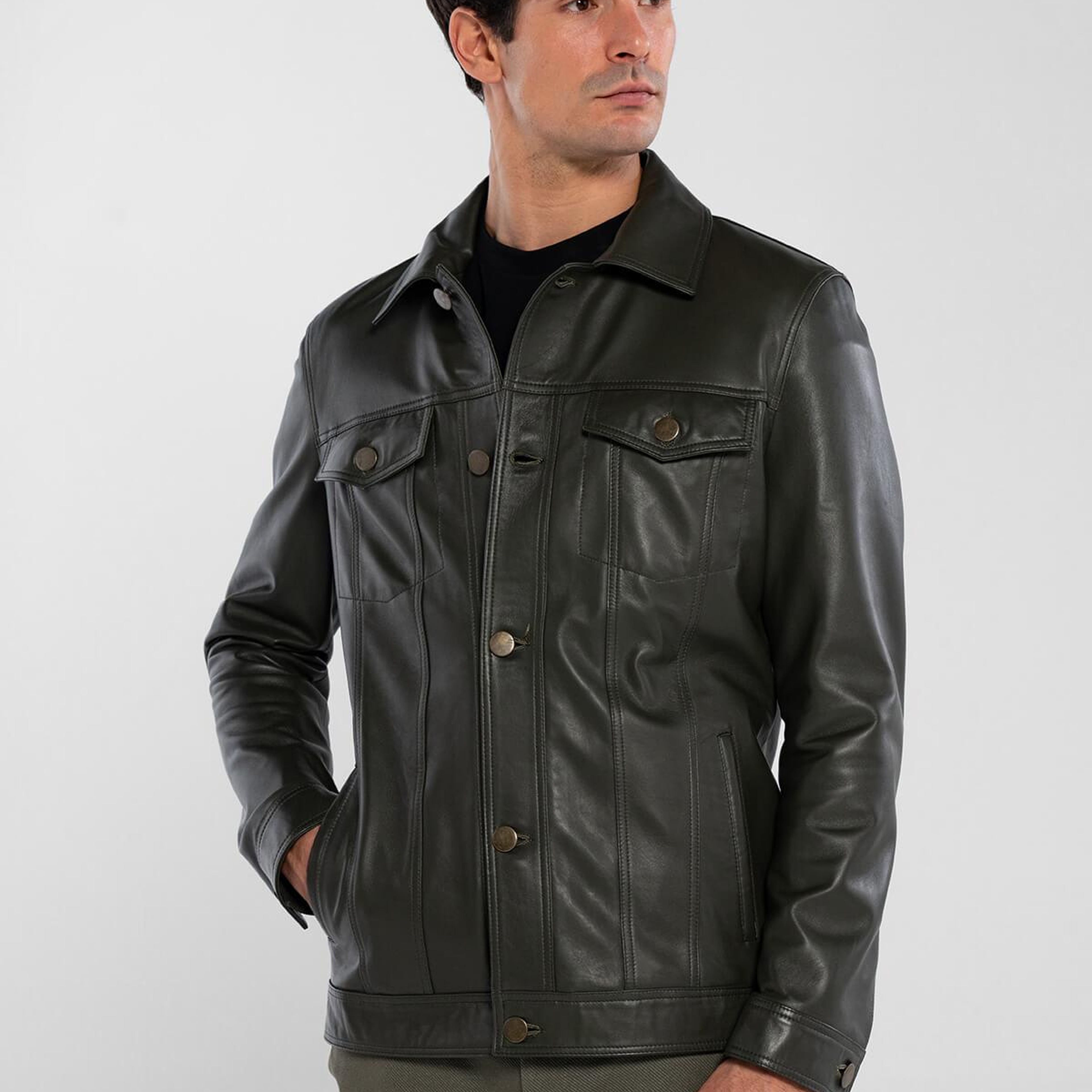 Tamer Tanca Erkek Hakiki Deri Yeşil Deri Mont