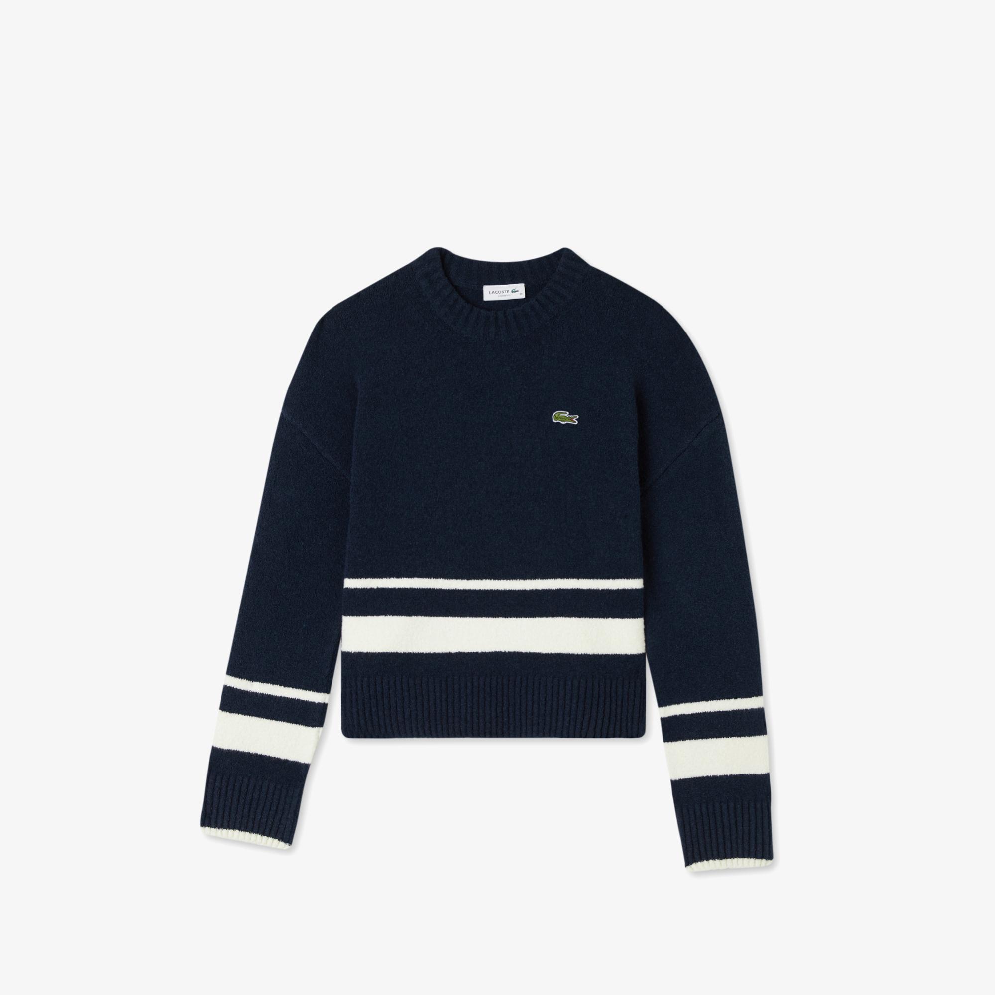 Lacoste Kadın Loose Fit Bisiklet Yaka Çizgili Lacivert Kazak