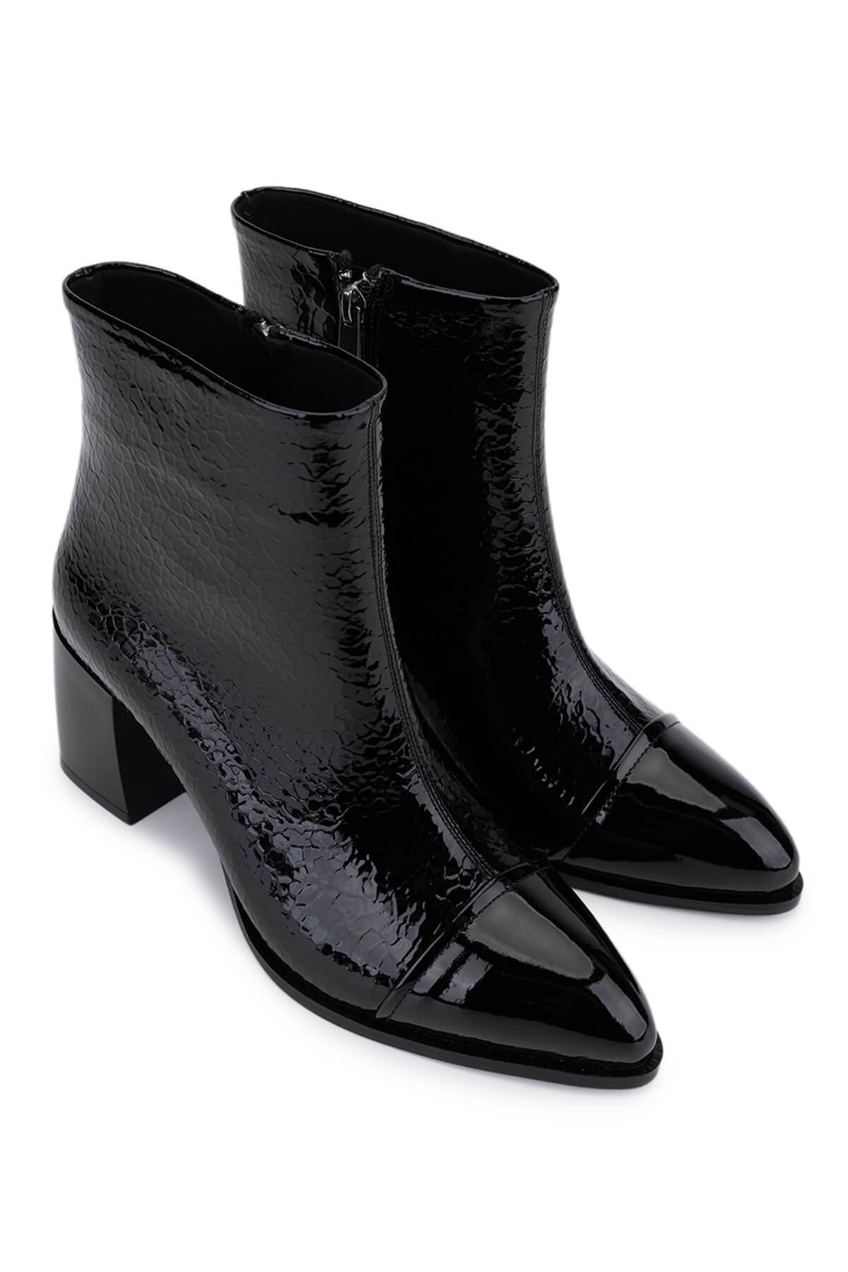 Tamer Tanca Kadın Suni Deri Siyah Rugan Topuklu Bot