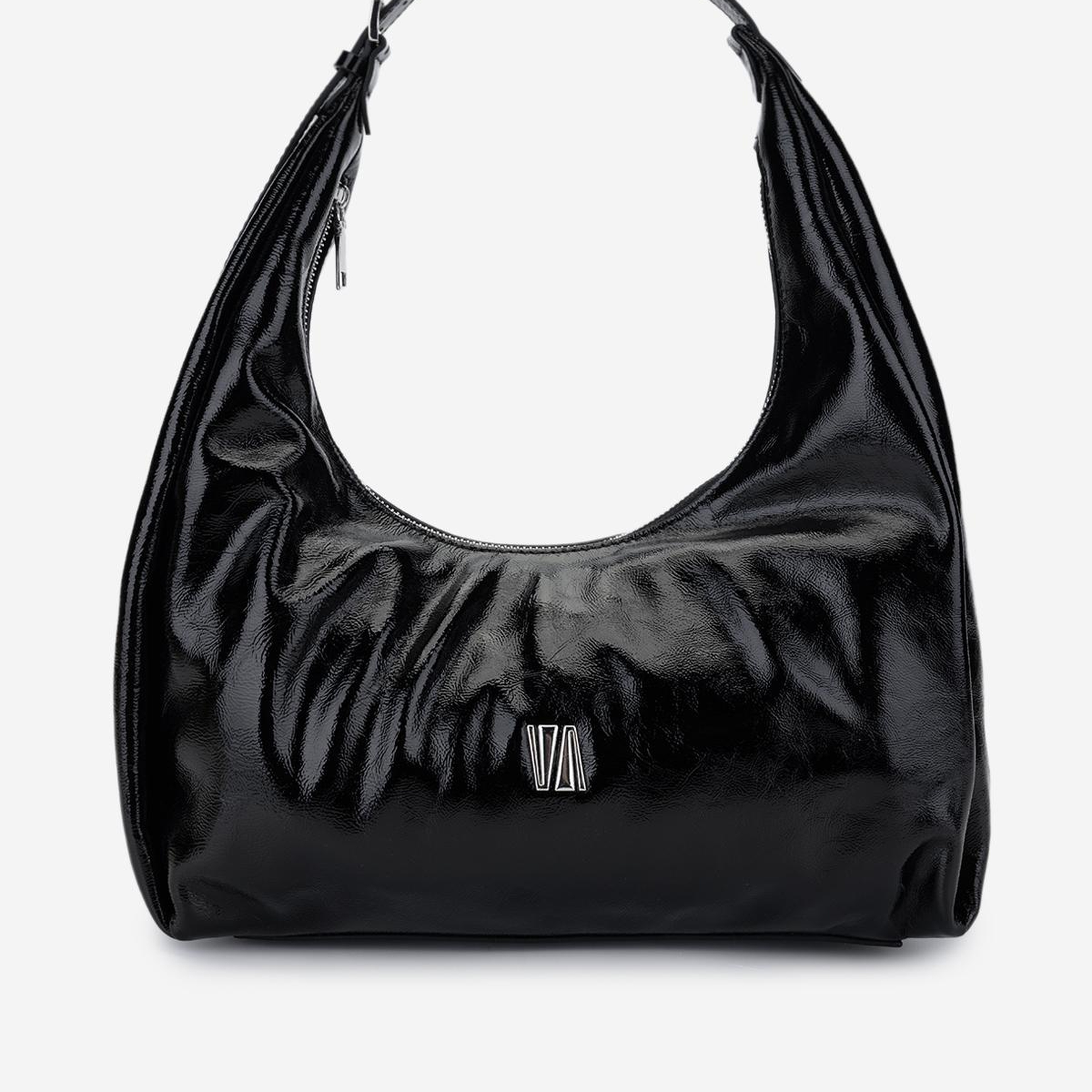 Valmenti Kadın Hakiki Deri Siyah Kırışık Rugan Omuz Çanta