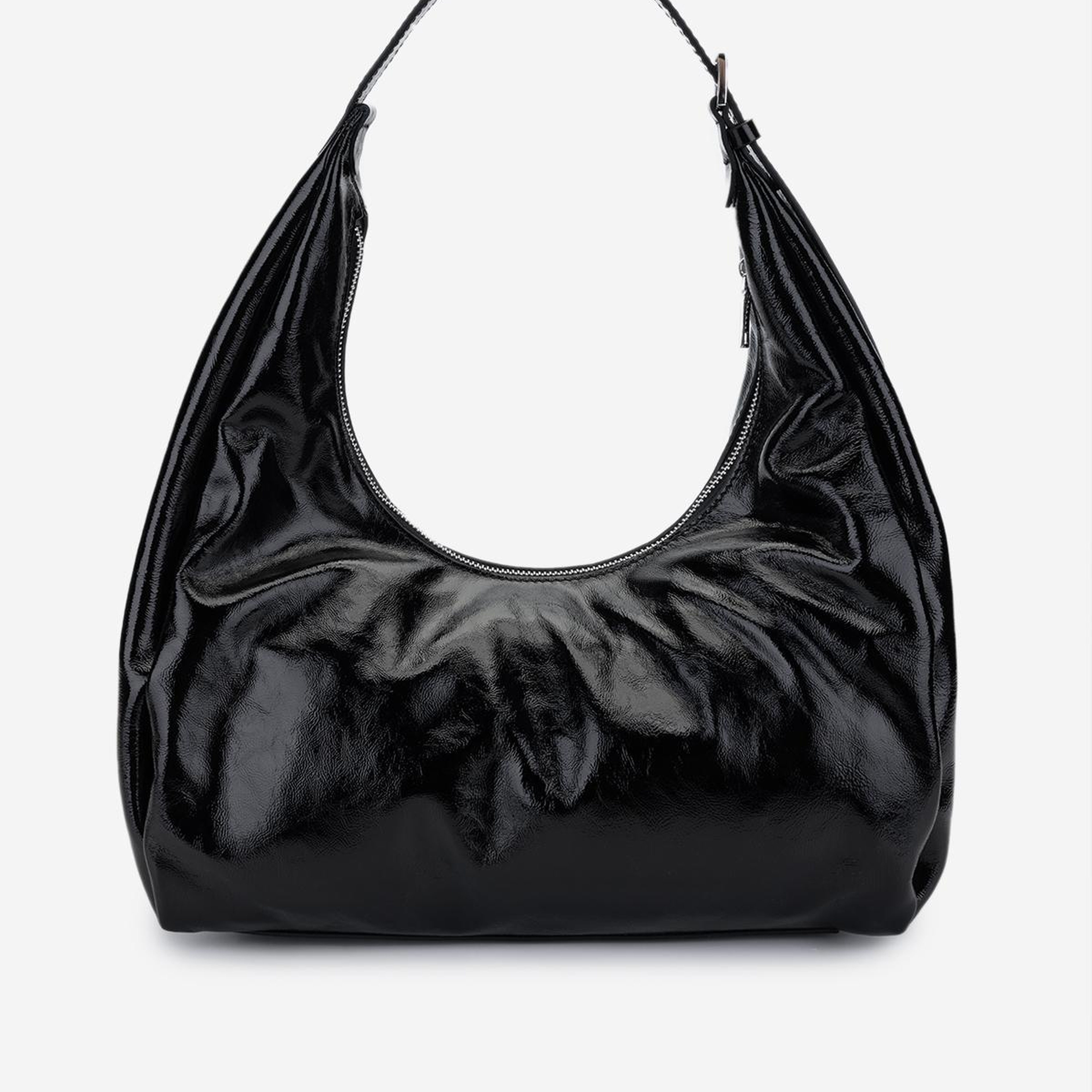 Valmenti Kadın Hakiki Deri Siyah Kırışık Rugan Omuz Çanta