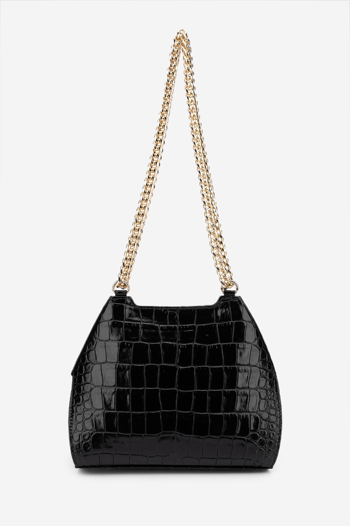 Valmenti Kadın Hakiki Deri Siyah Kroko Omuz Çanta