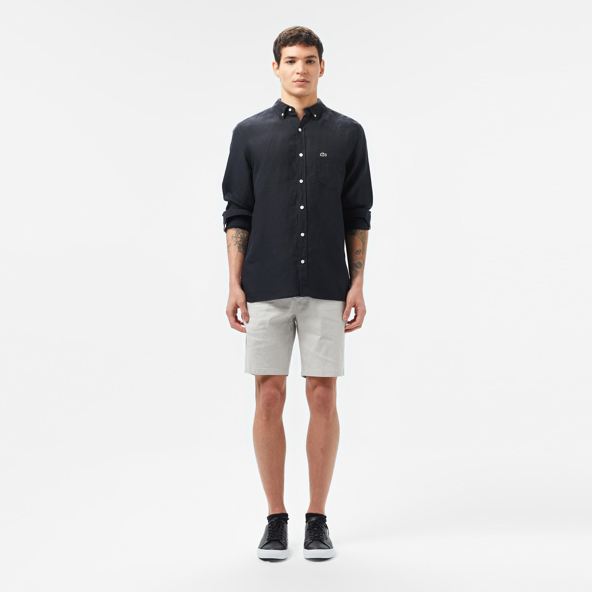 Lacoste Erkek Regular Fit Düğmeli Yaka Keten Siyah Gömlek