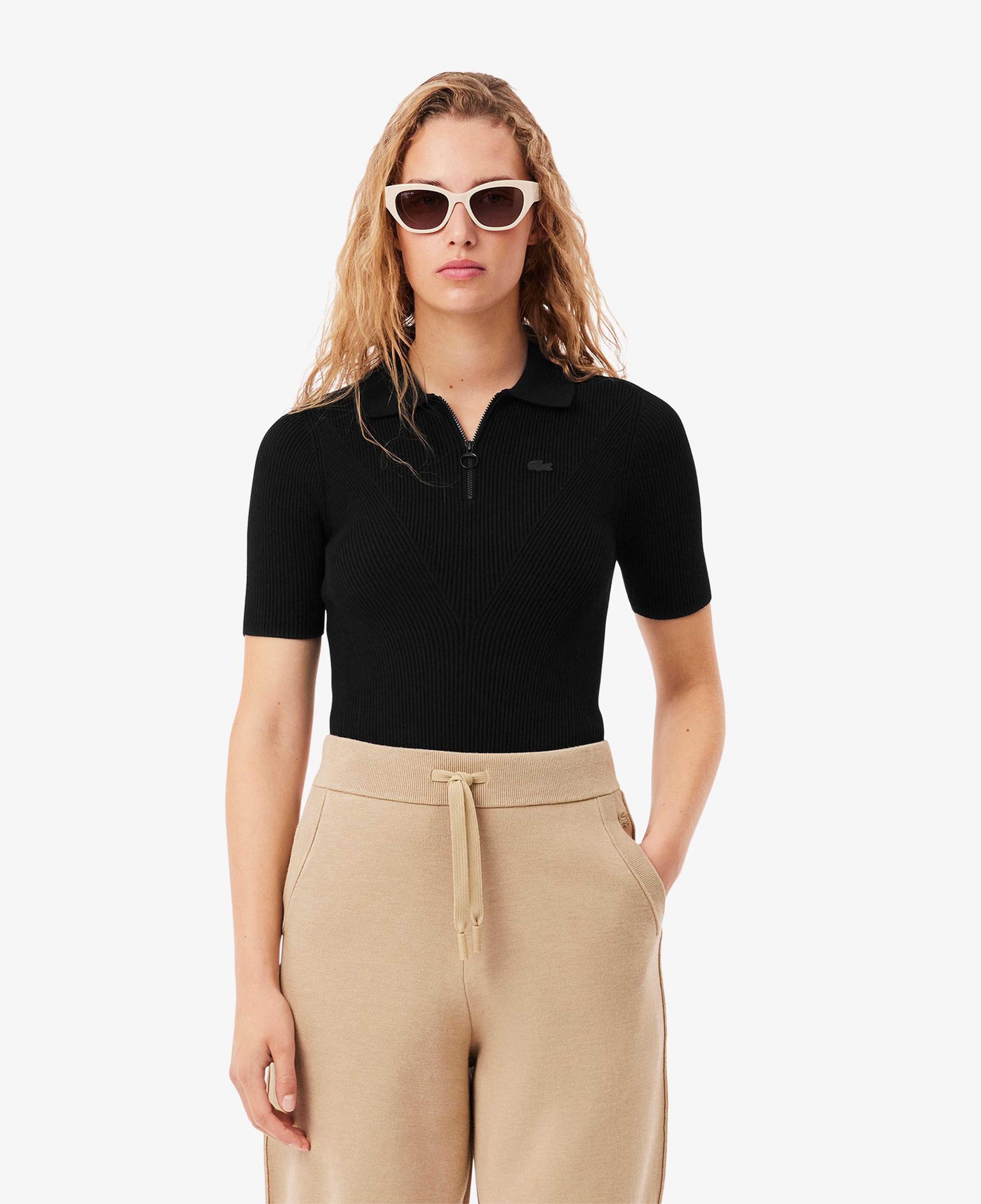 Lacoste Kadın Slim Fit Kısa Kollu Yarım Fermuarlı Siyah Triko