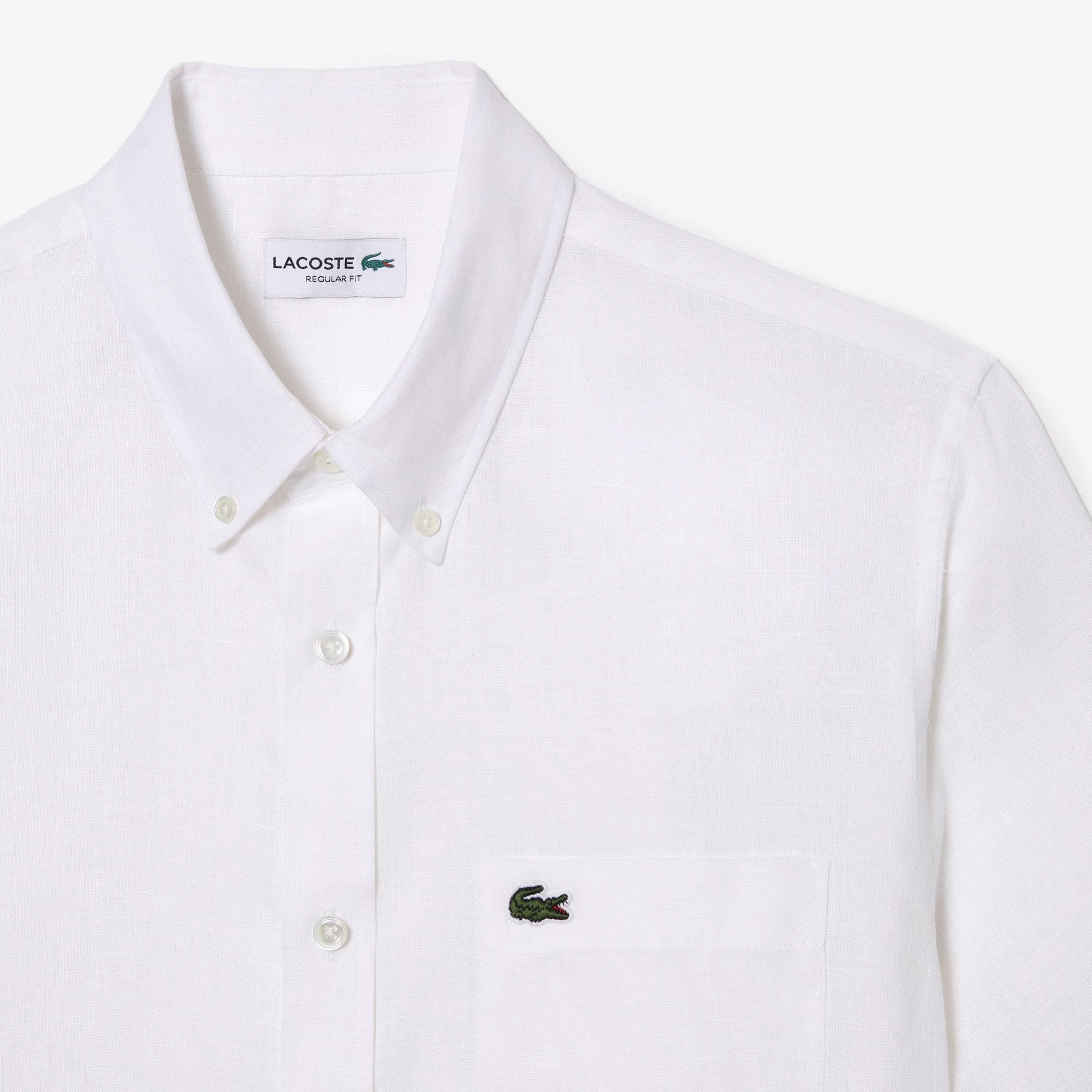 Lacoste Erkek Regular Fit Kısa Kollu Düğmeli Yaka Keten Beyaz Gömlek