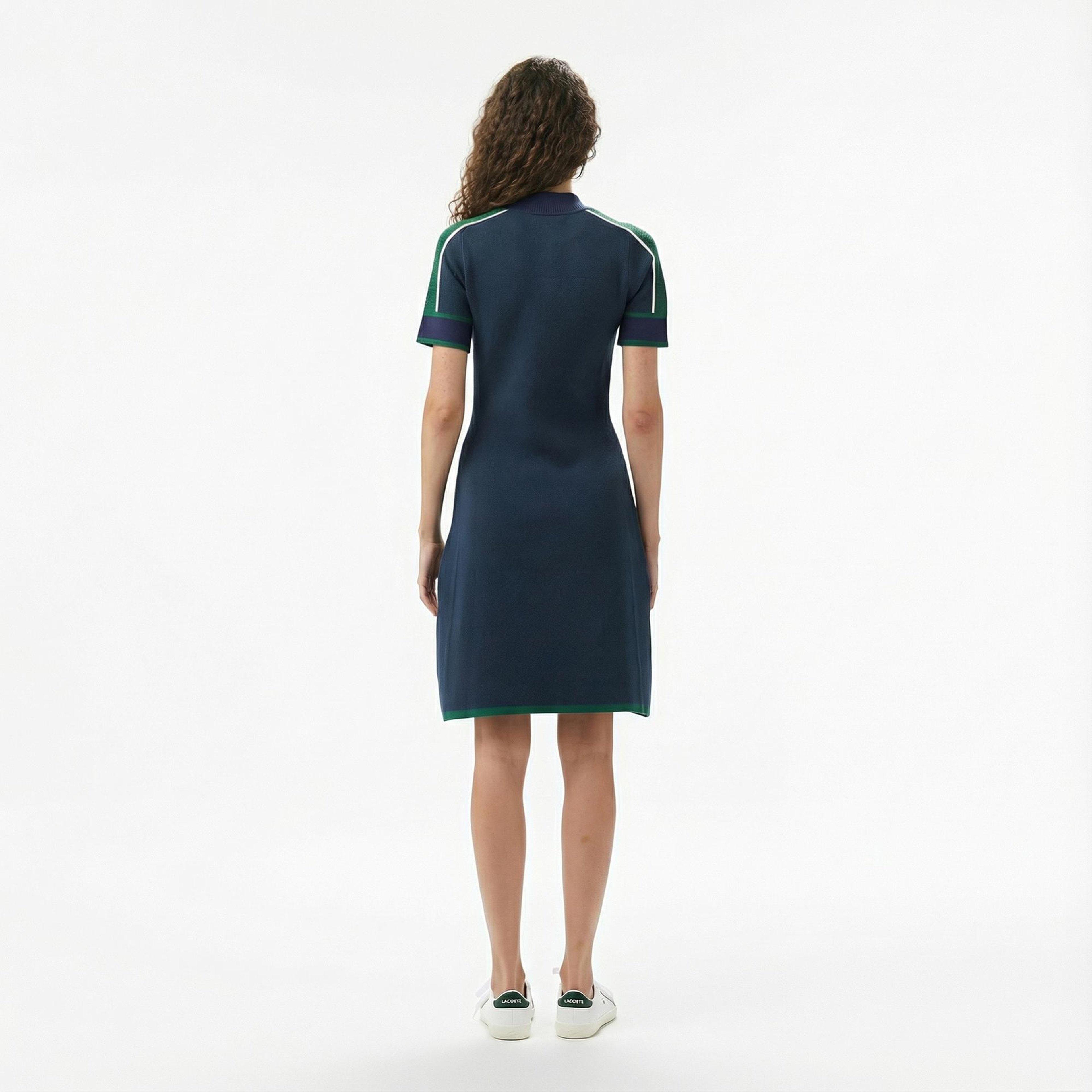 Lacoste Kadın Classic Fit Kısa Kollu Yarım Fermuarlı Renk Bloklu Lacivert Elbise