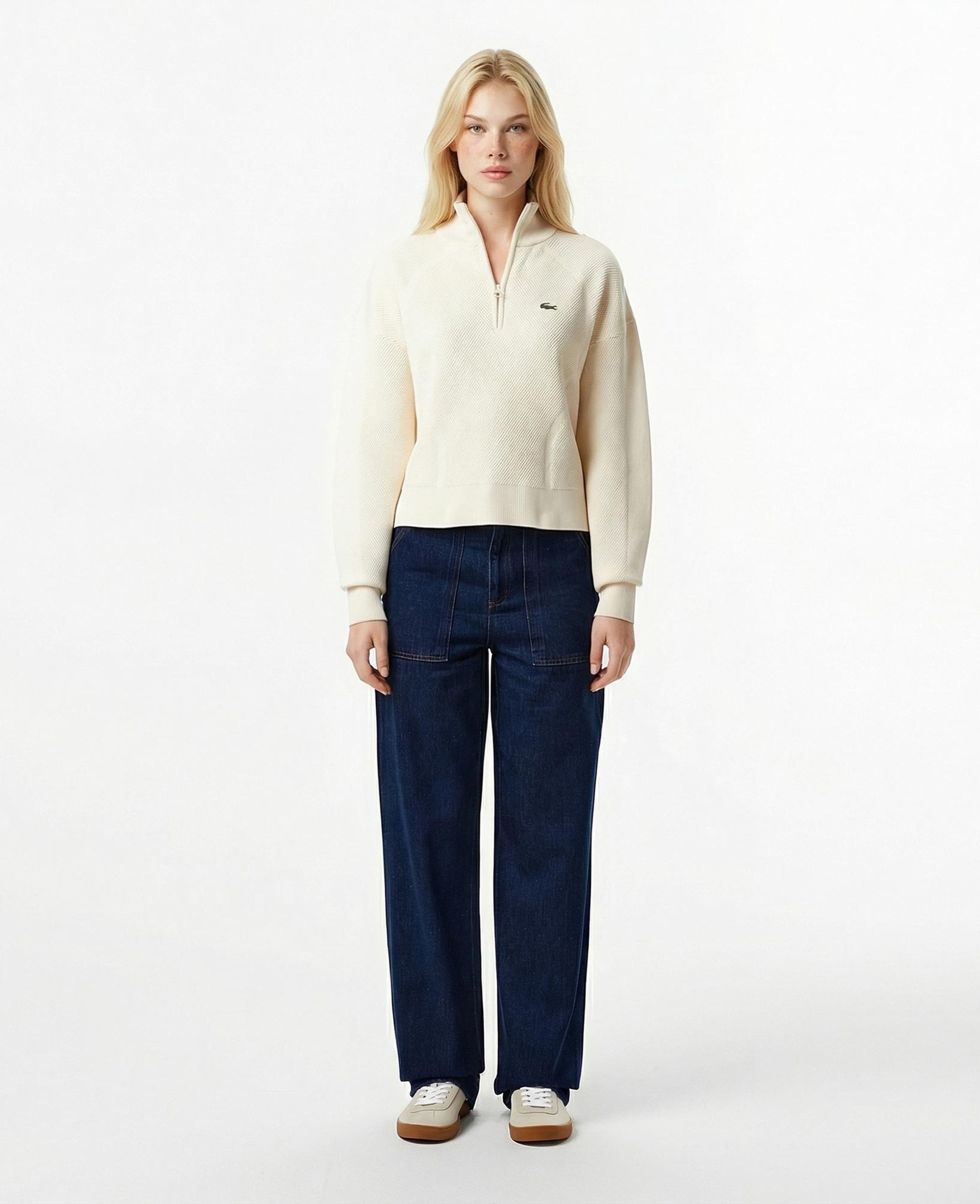 Lacoste Kadın Relaxed Fit Yarım Fermuarlı Krem Kazak