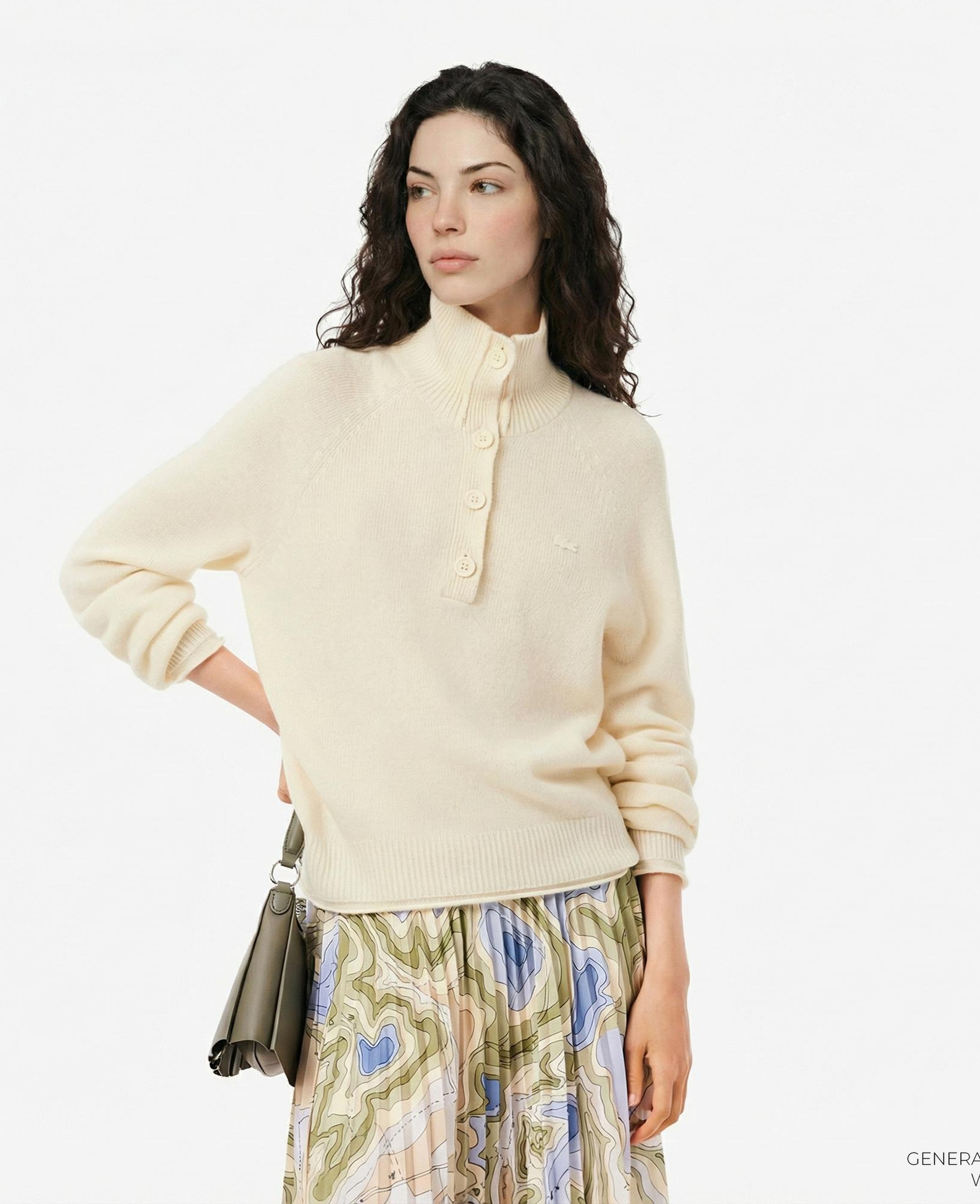 Lacoste Kadın Classic Fit Dik Yaka Krem Kazak