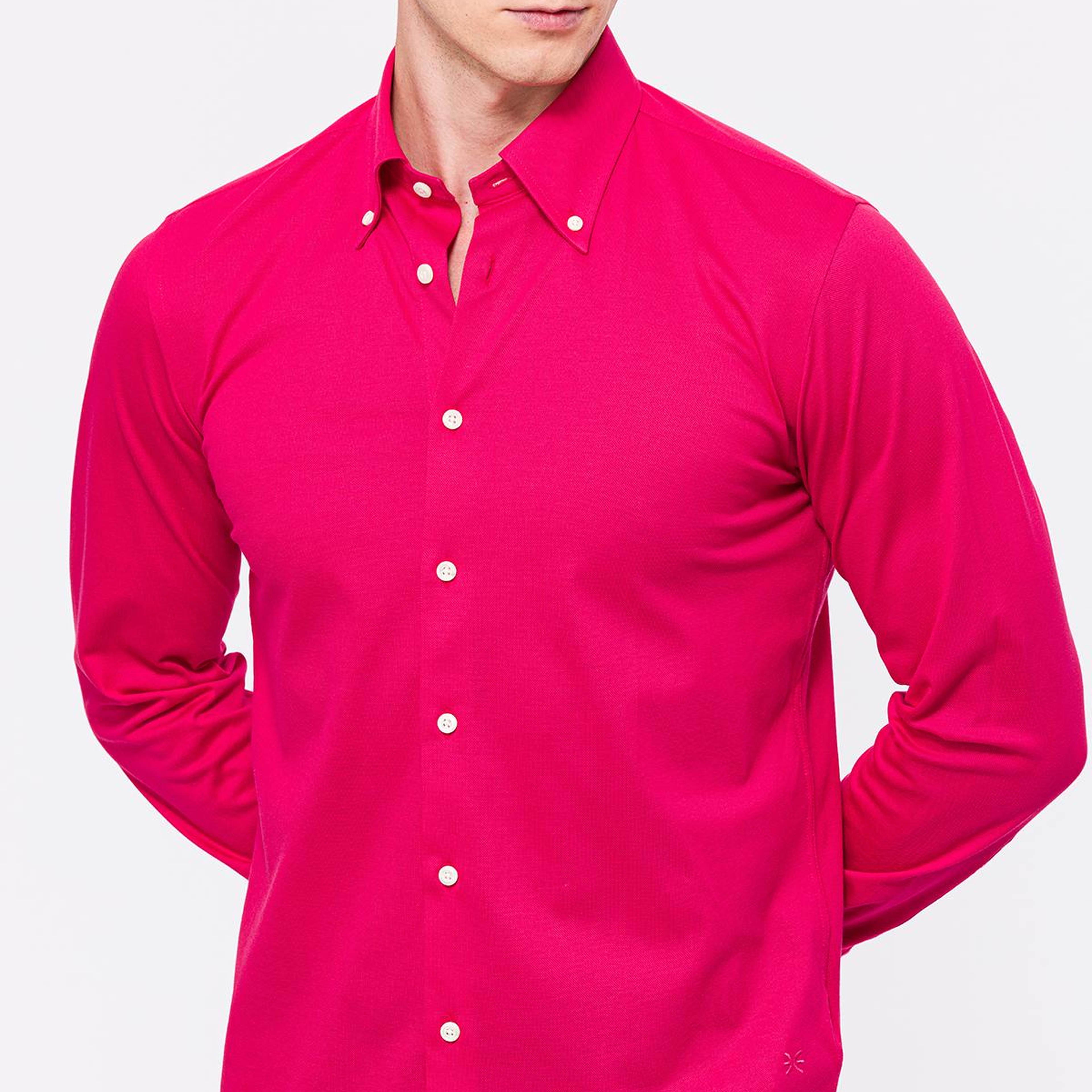 Erkek Koyu Pembe Cooper Fit Düğmeli Yaka Pike Gömlek