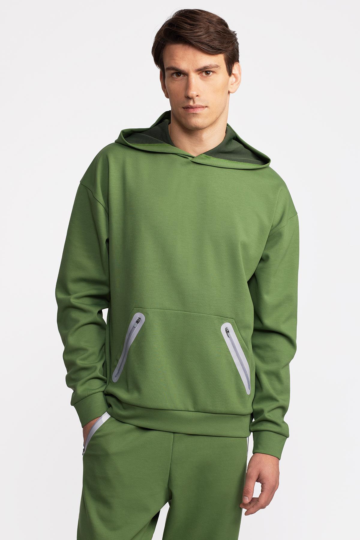 Erkek Haki Activewear Kapüşonlu Sweatshirt