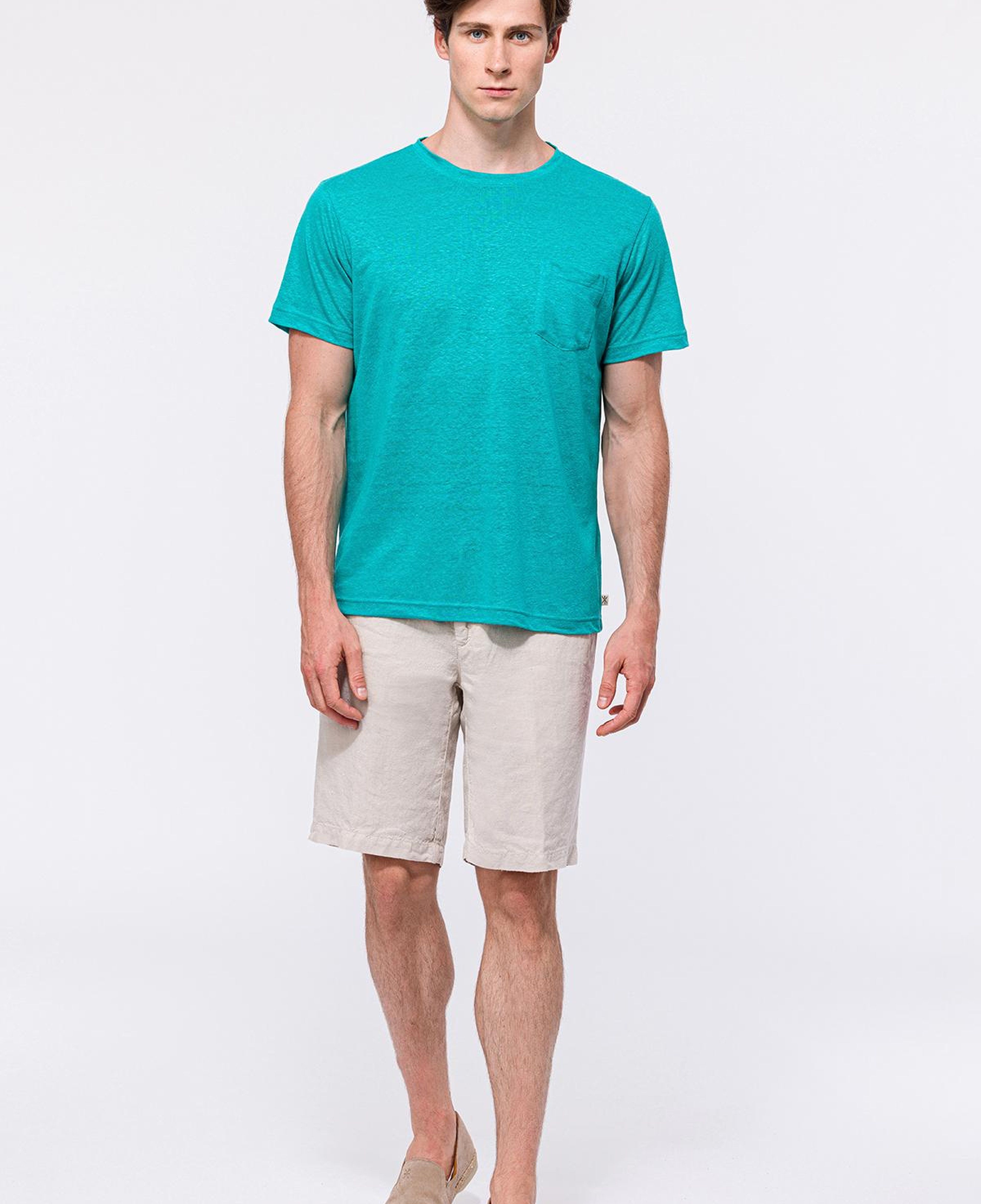 Erkek Petrol Bisiklet Yaka Keten T-Shirt
