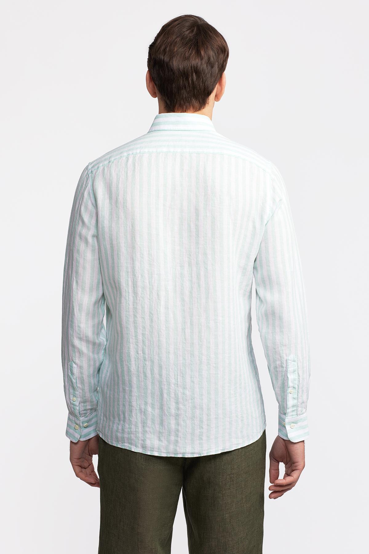 Erkek Yeşil Düğmeli Yaka Cooper Fit İrlanda Keten Gömlek