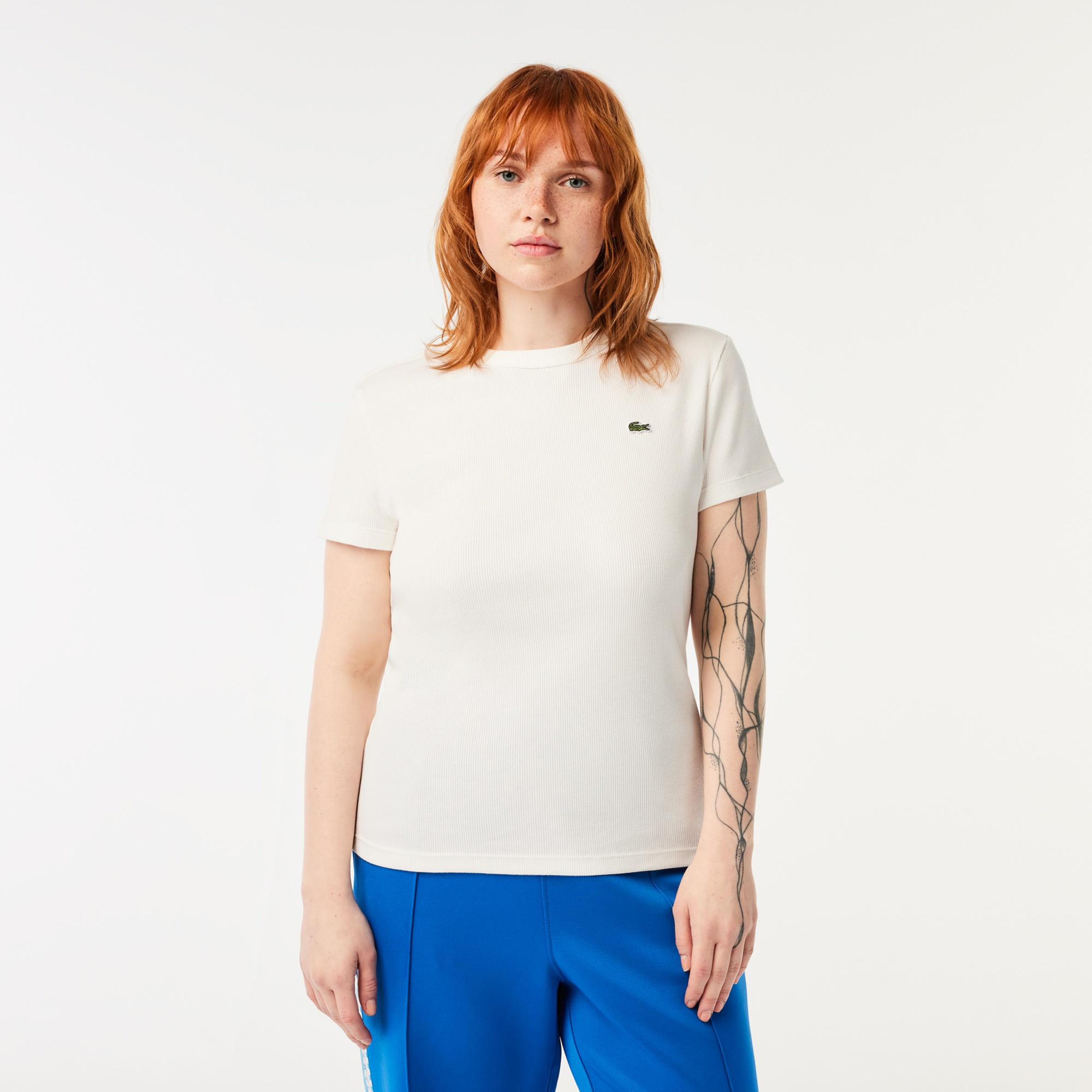 Lacoste Kadın Slim Fit Bisiklet Yaka Beyaz T-Shirt