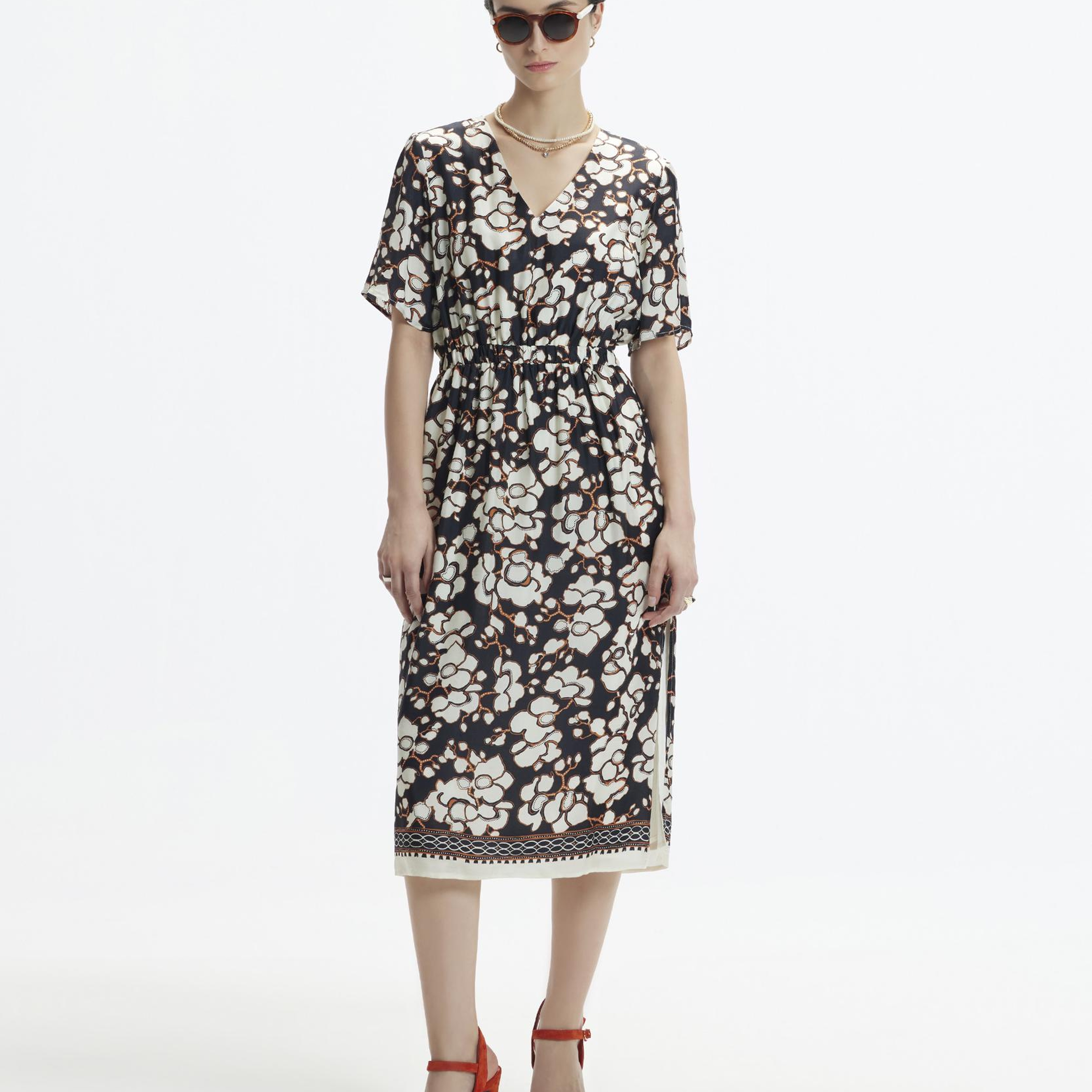 YARGICI V Yaka Kısa Kollu Midi Boy  Elbise