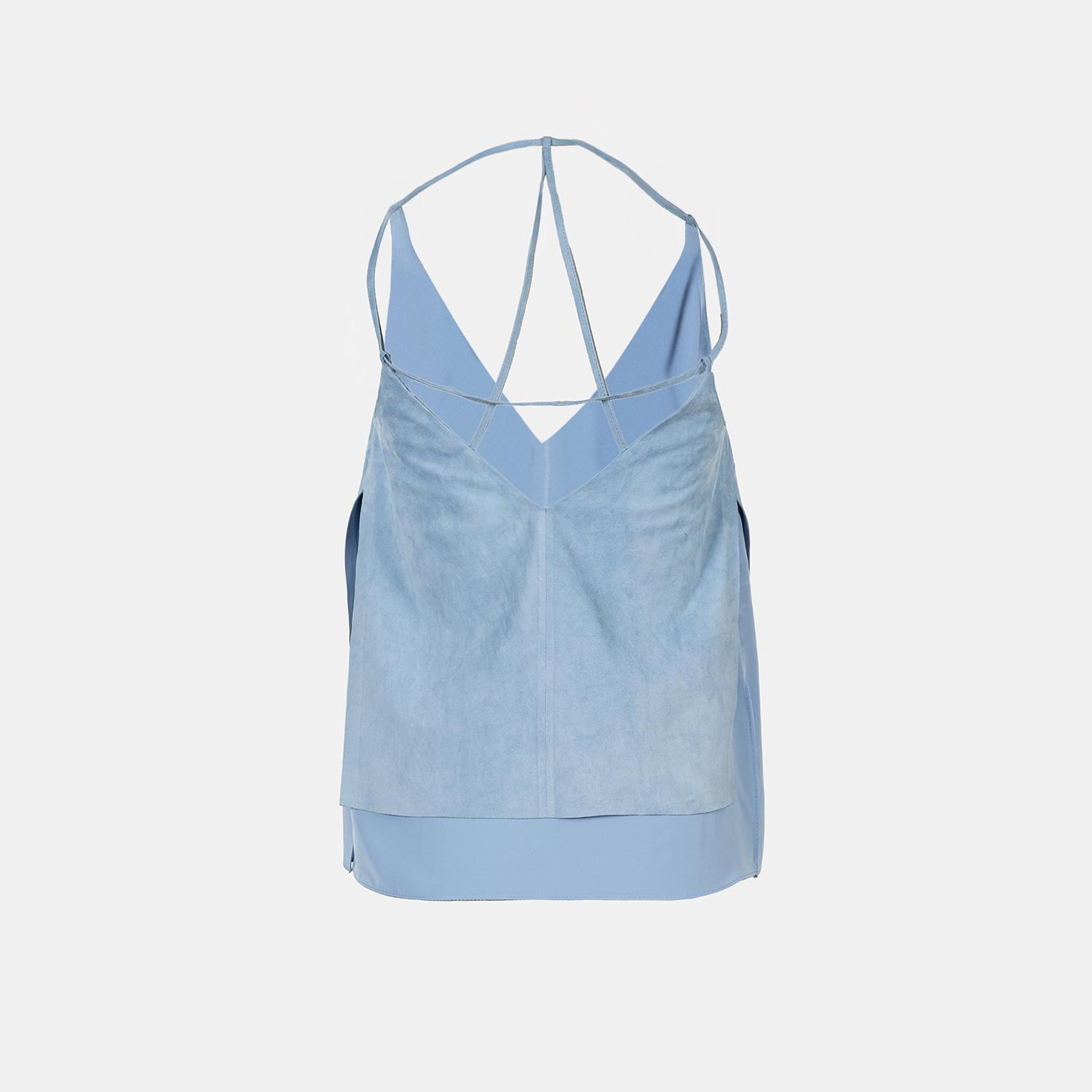 Kadın Mavi Askılı V Yaka Süet Bluz