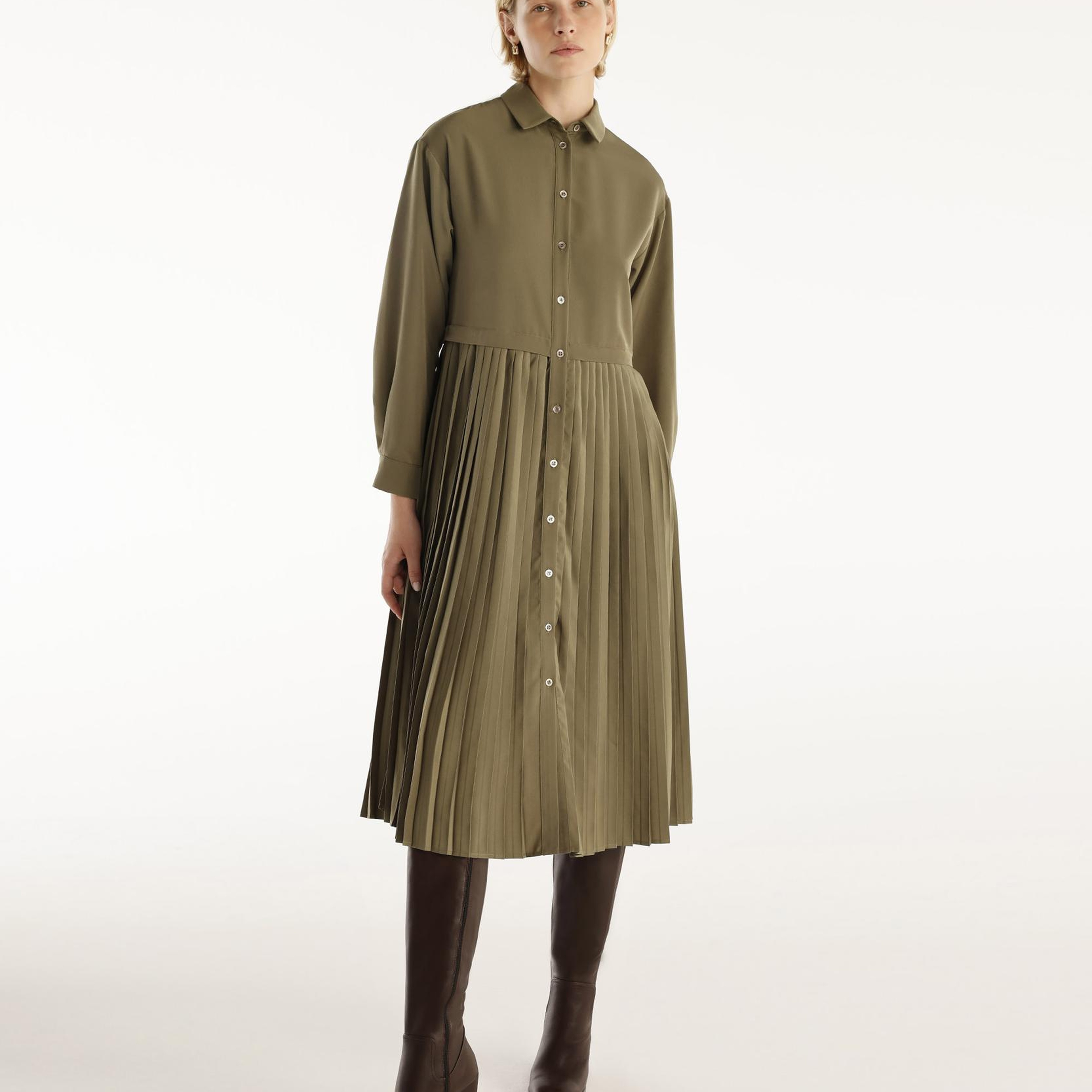 YARGICI Uzun Kollu Pliseli Midi Boy Gömlek Elbise