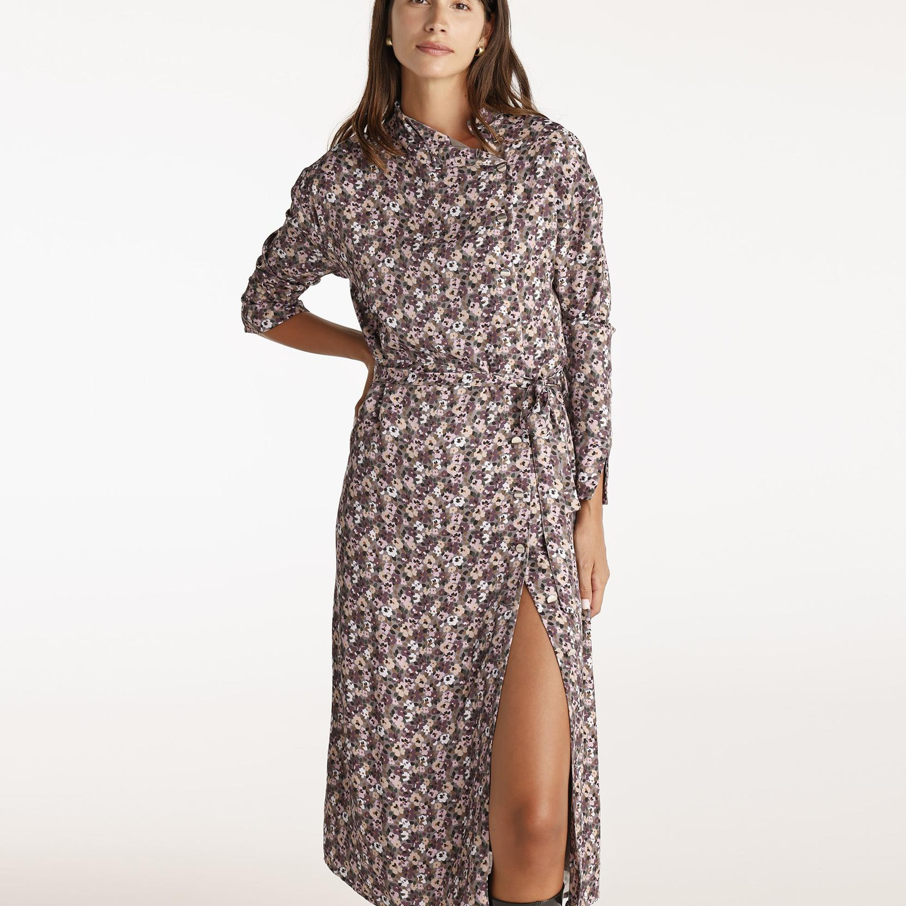 YARGICI Yüksek Yaka Kuşalı Uzun Kollu Midi Boy Elbise