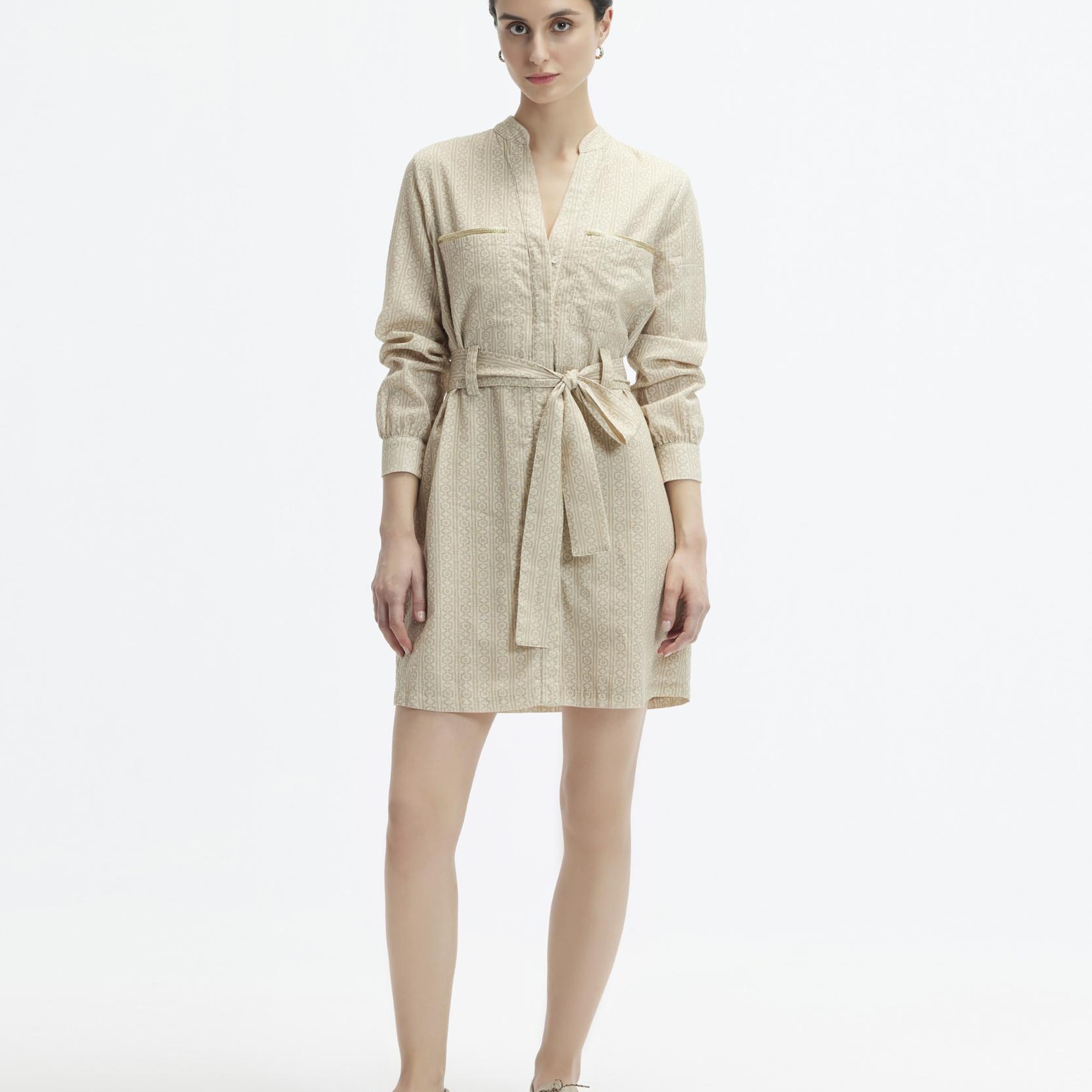 YARGICI Dik Yaka Kemerli Kısa Safari Elbise