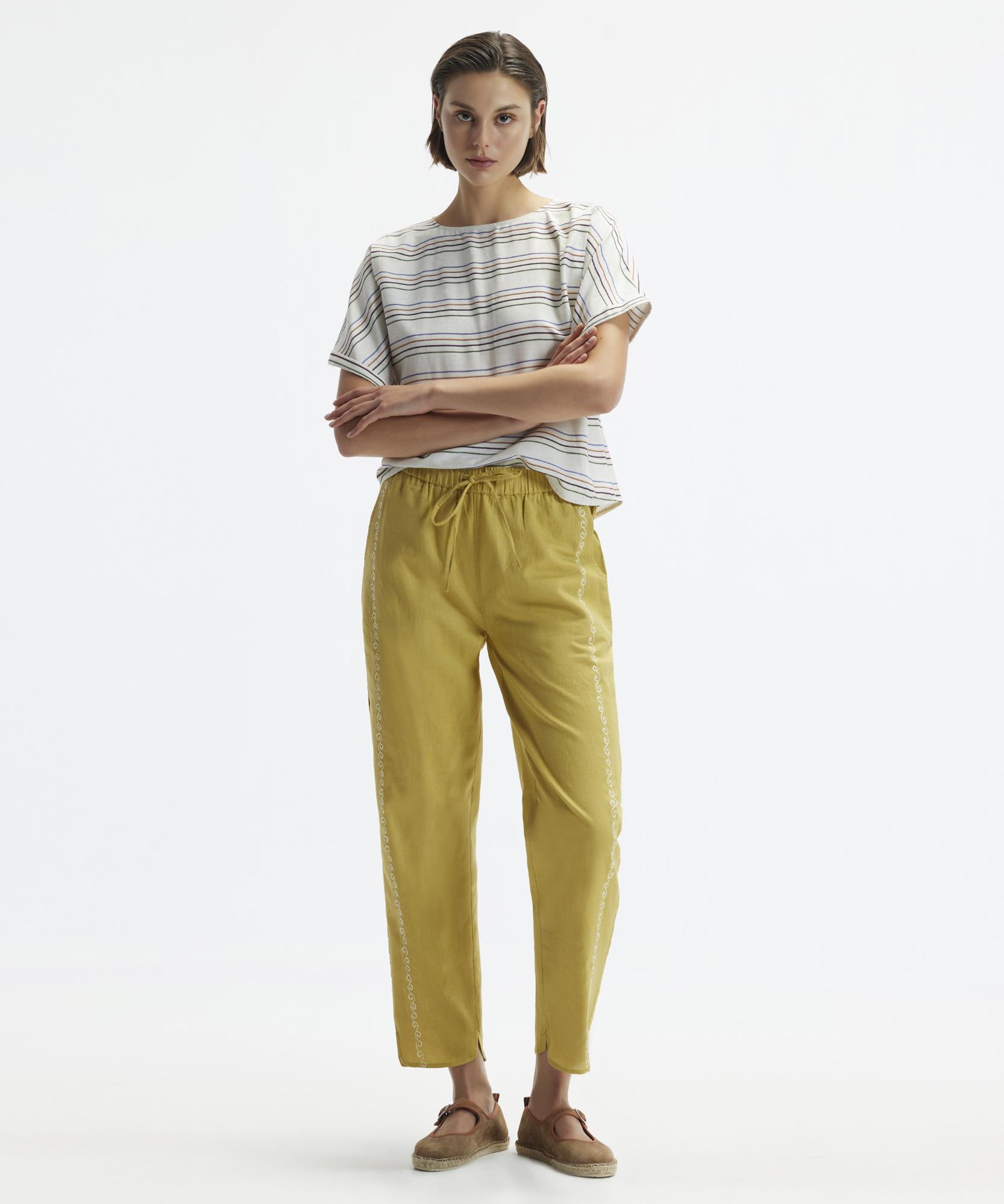 YARGICI Beli Lastikli  Nakış Detaylı Pantolon