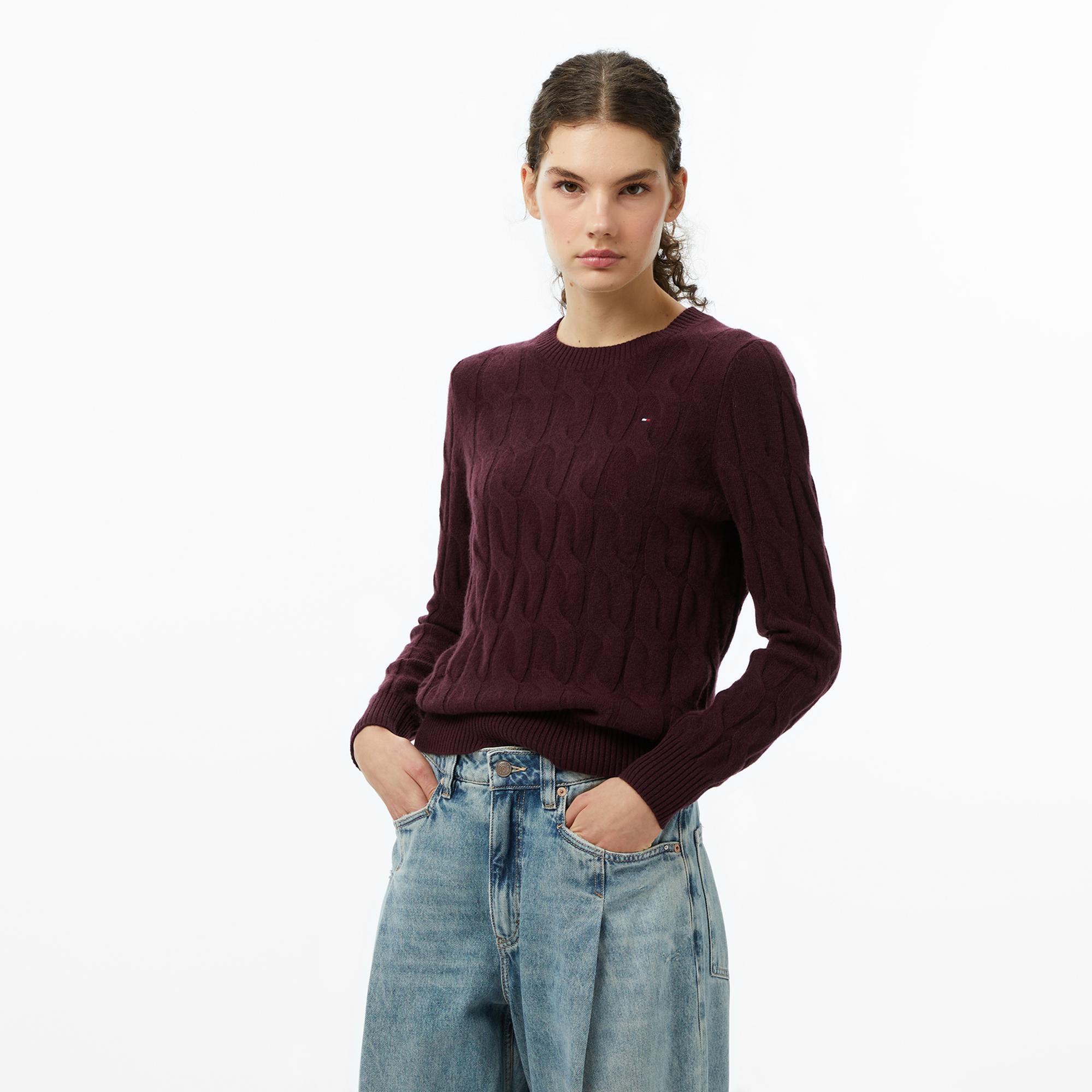 Tommy Hilfiger Soft Wool Cable Kadın Bordo Kazak