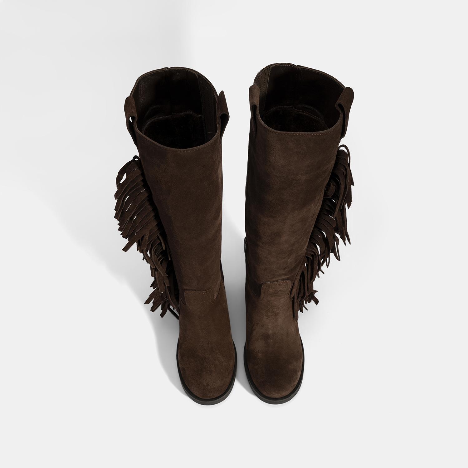 Kadın Kahve Püskül Detaylı Kalın Topuklu Süet Çizme