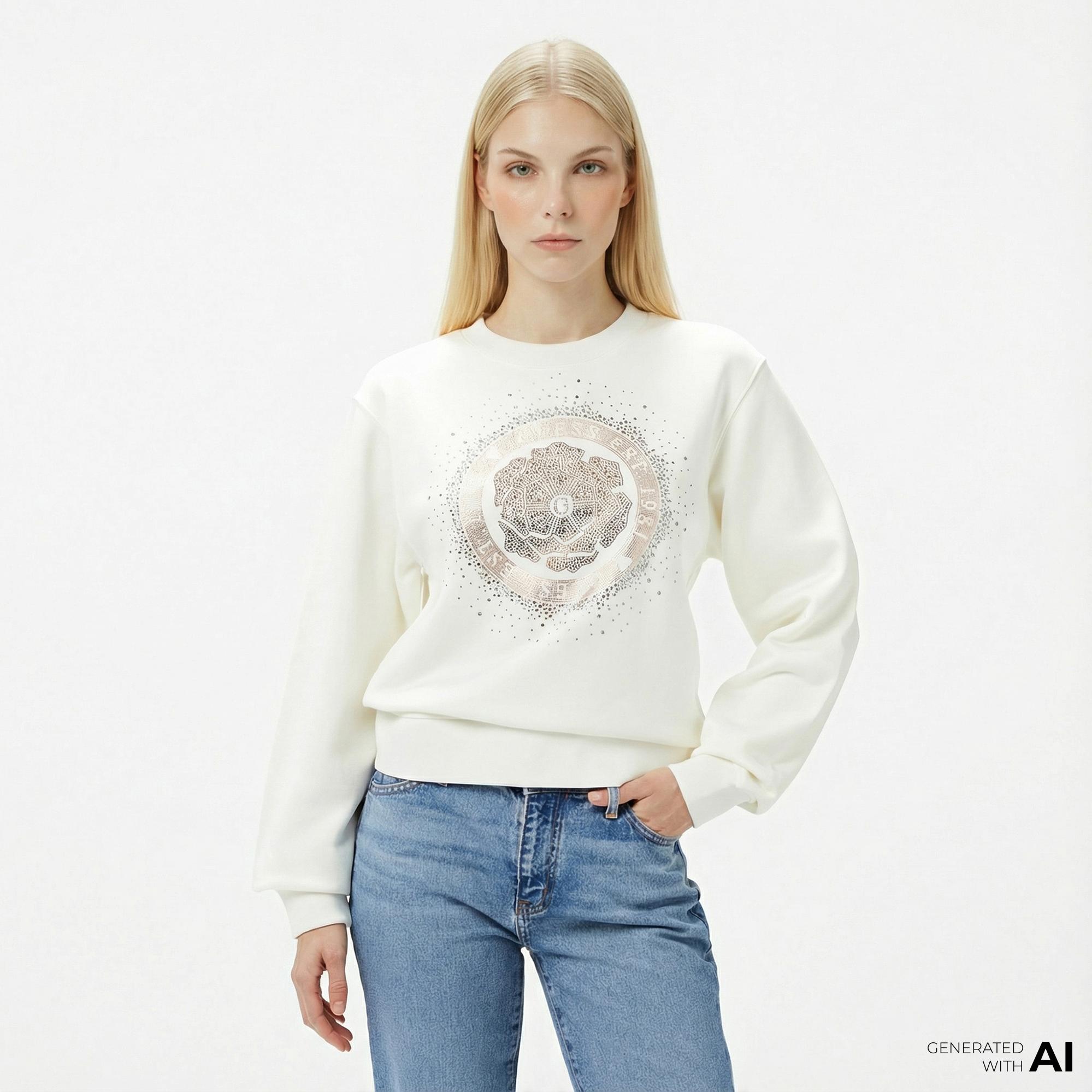 Guess Peony Logo Organic Kadın Beyaz Sweatshirt