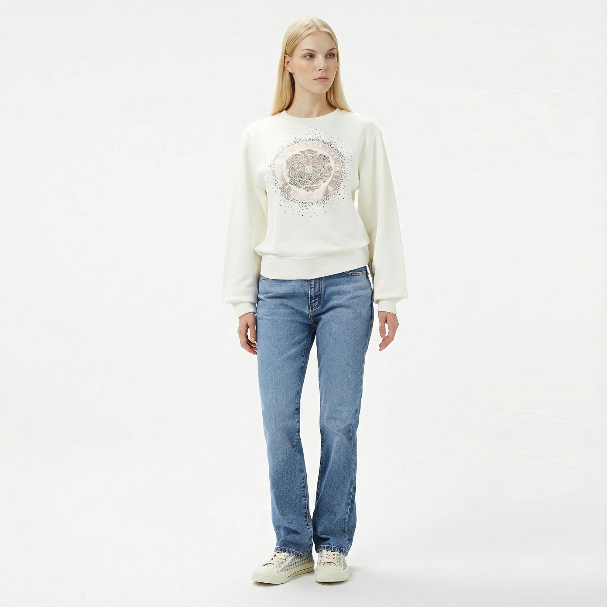 Guess Peony Logo Organic Kadın Beyaz Sweatshirt