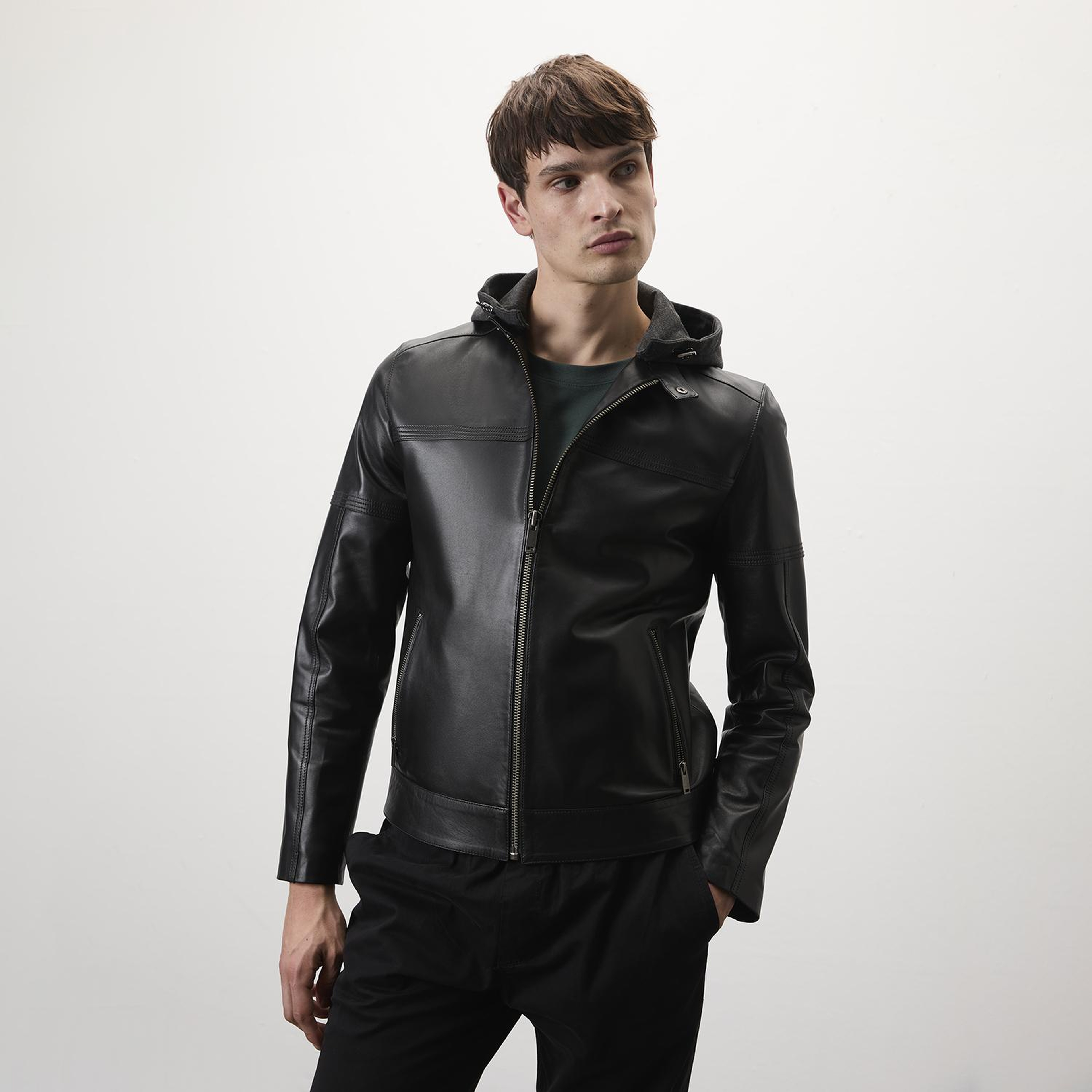 Selino Siyah Erkek Kapüşonlü Deri Mont