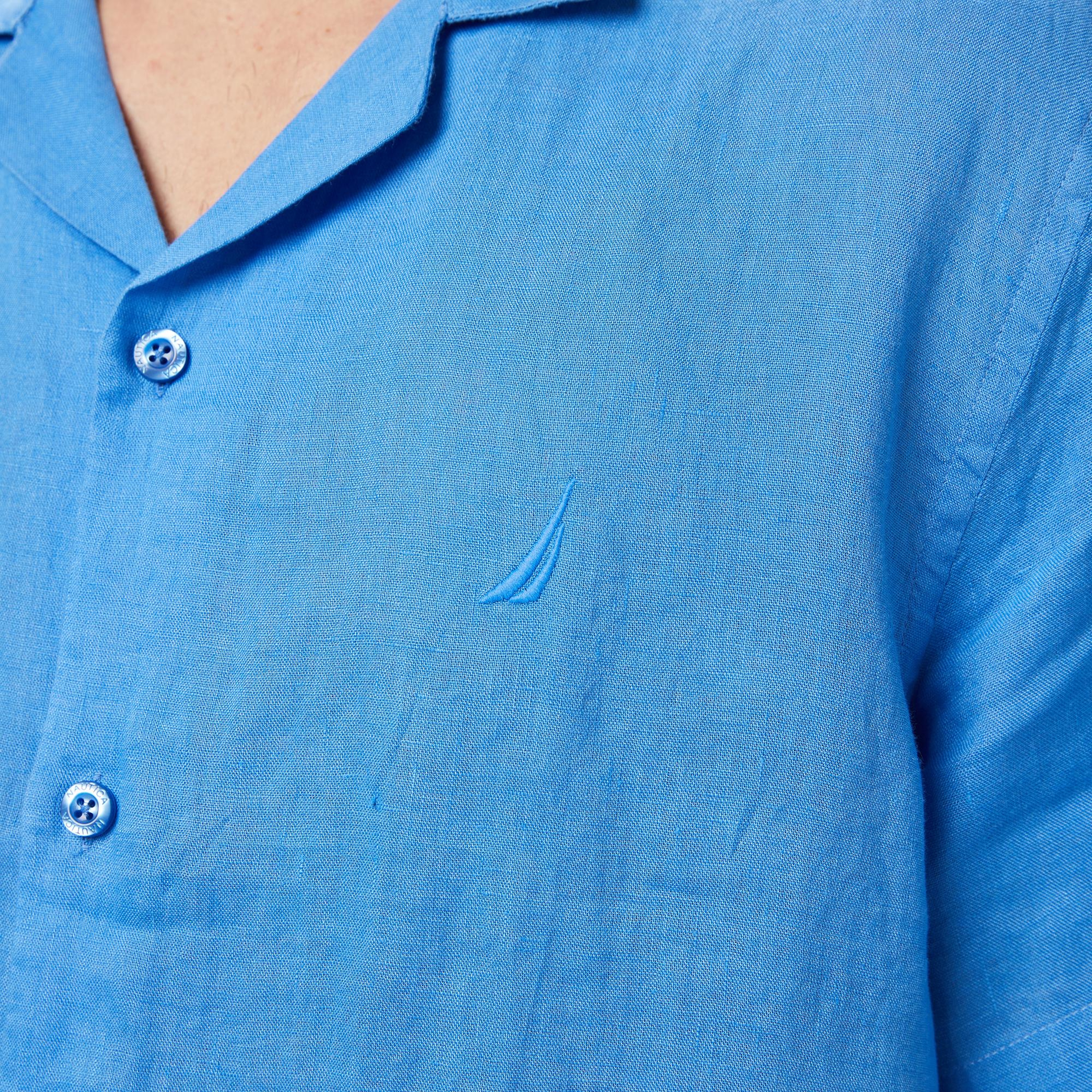 Nautica Erkek Mavi Regular Fit Kısa Kollu Keten Gömlek