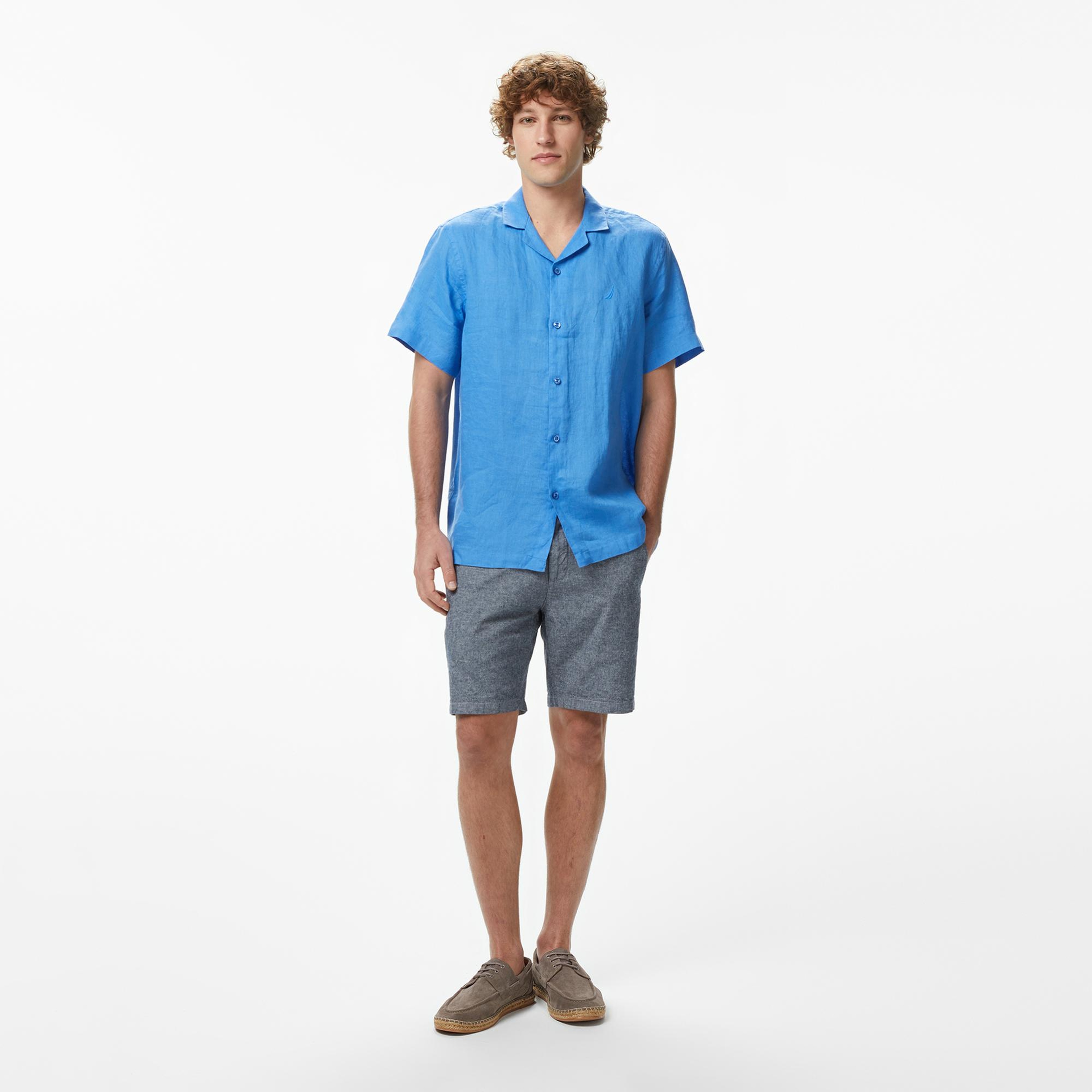 Nautica Erkek Mavi Regular Fit Kısa Kollu Keten Gömlek