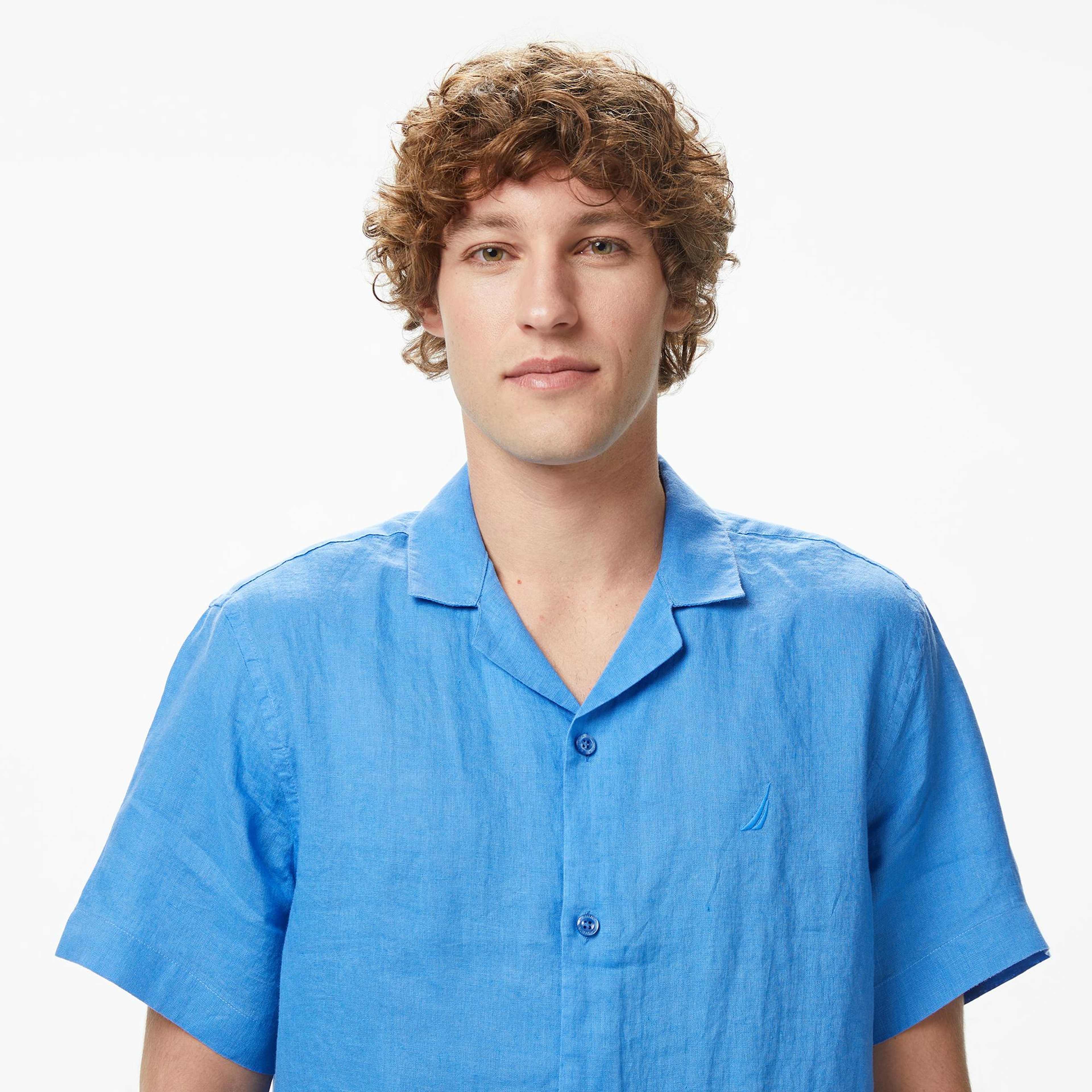 Nautica Erkek Mavi Regular Fit Kısa Kollu Keten Gömlek