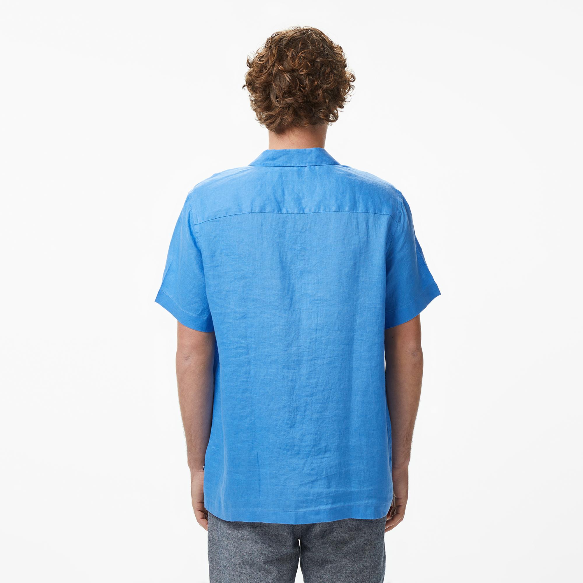 Nautica Erkek Mavi Regular Fit Kısa Kollu Keten Gömlek