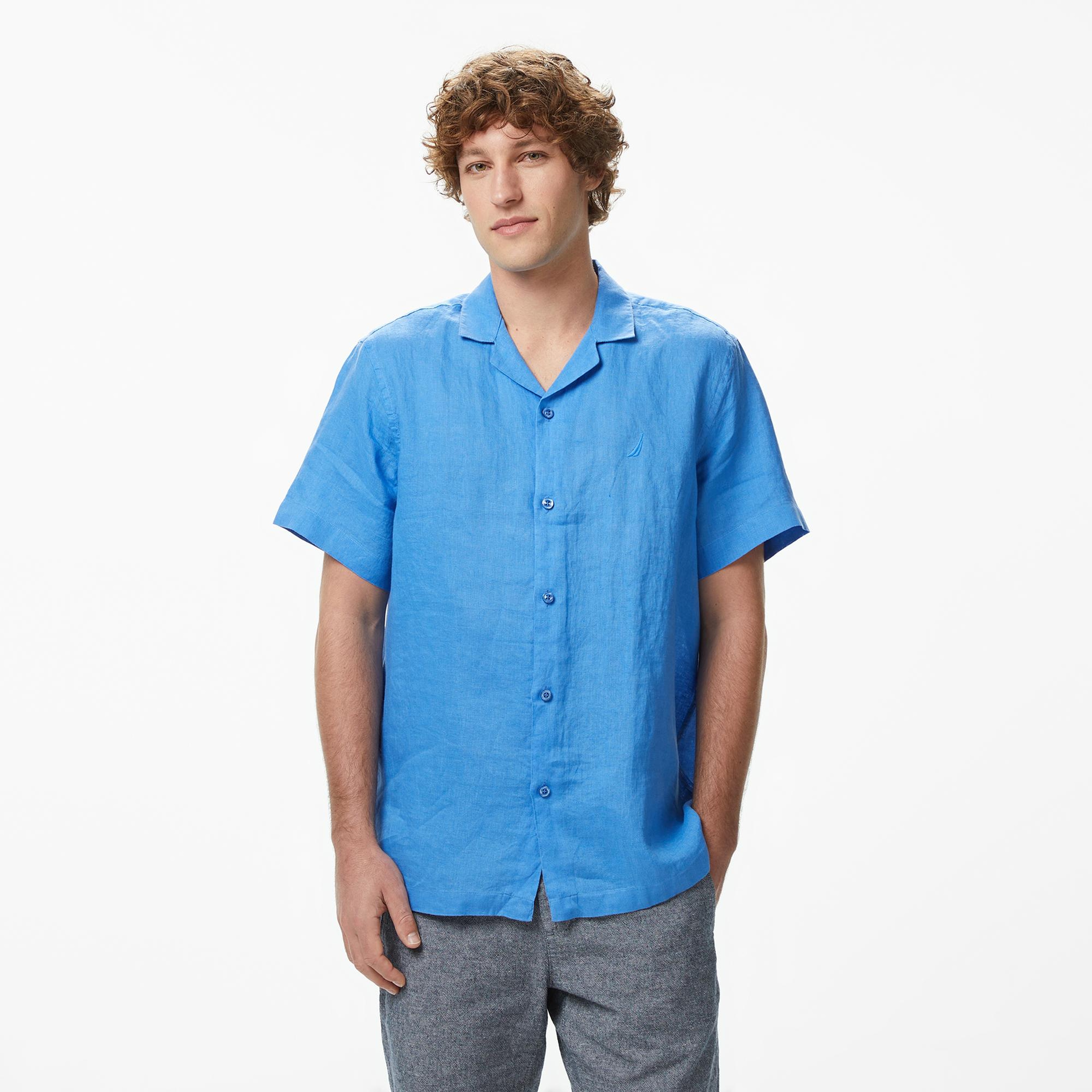 Nautica Erkek Mavi Regular Fit Kısa Kollu Keten Gömlek