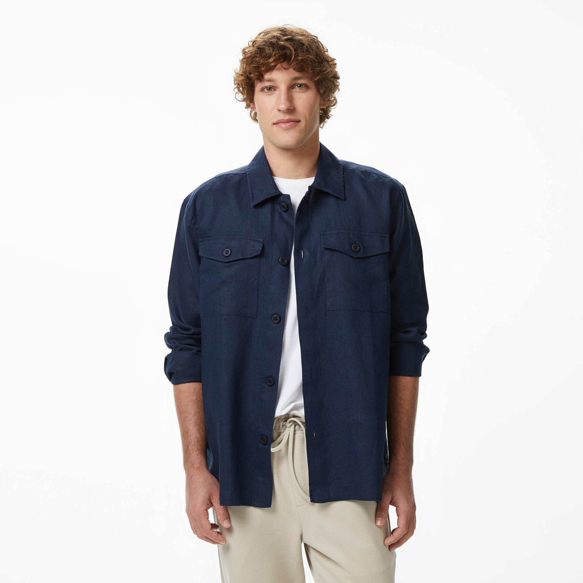 Nautica Erkek Lacivert Regular Fit Keten Gömlek