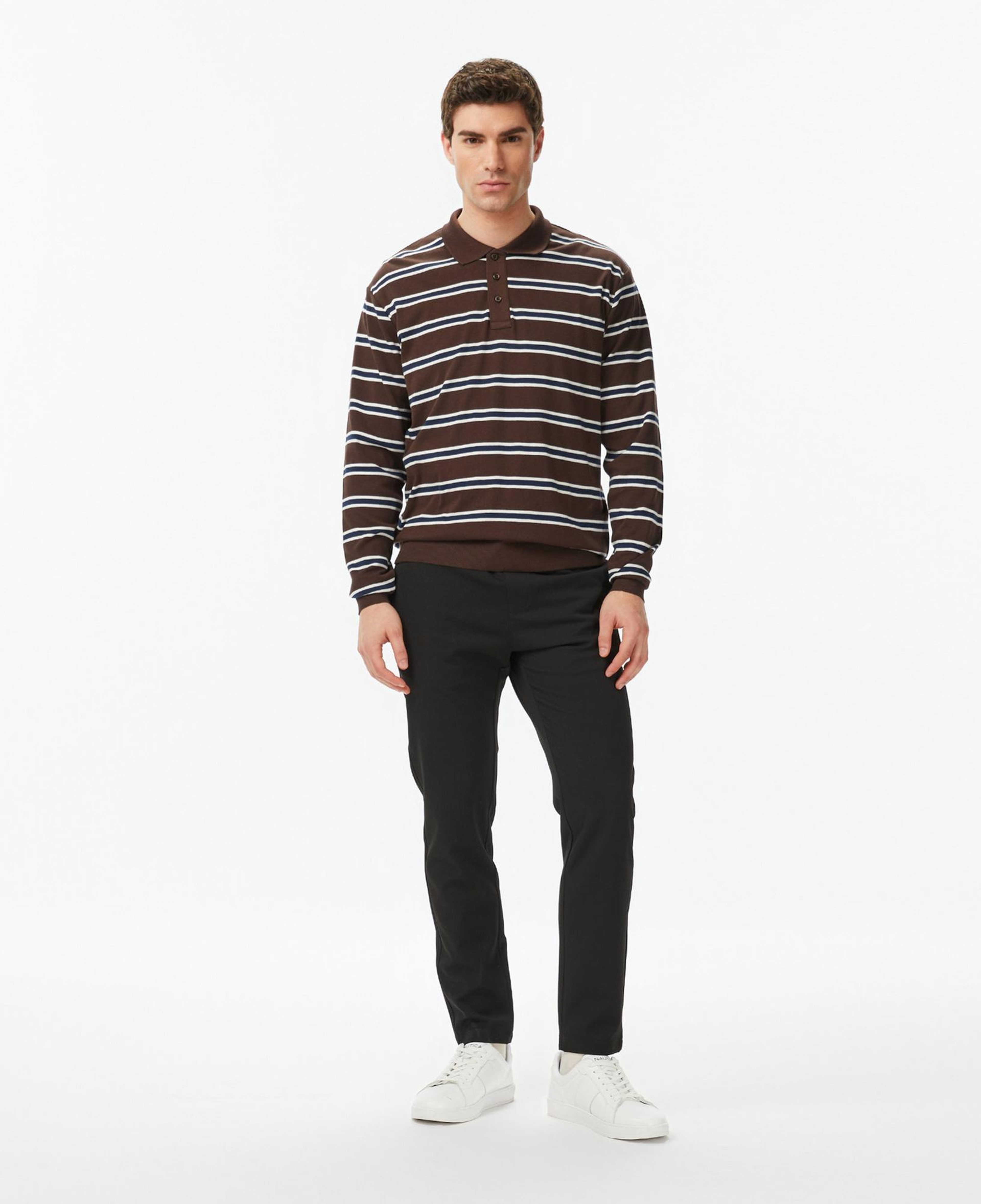 Nautica Erkek Kahverengi Regular Fit Uzun Kollu Çizgili Polo Yaka T-Shirt